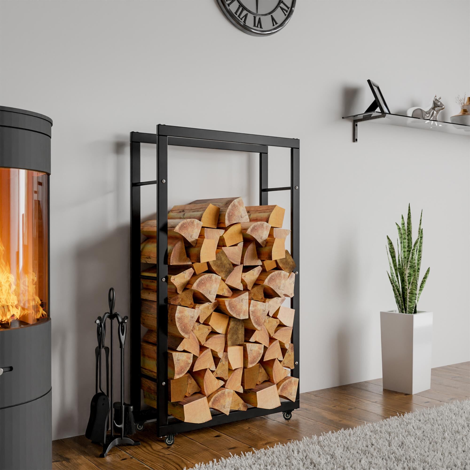 Kaminholzständer Keri mit Rollen 25x60x150, schwarz