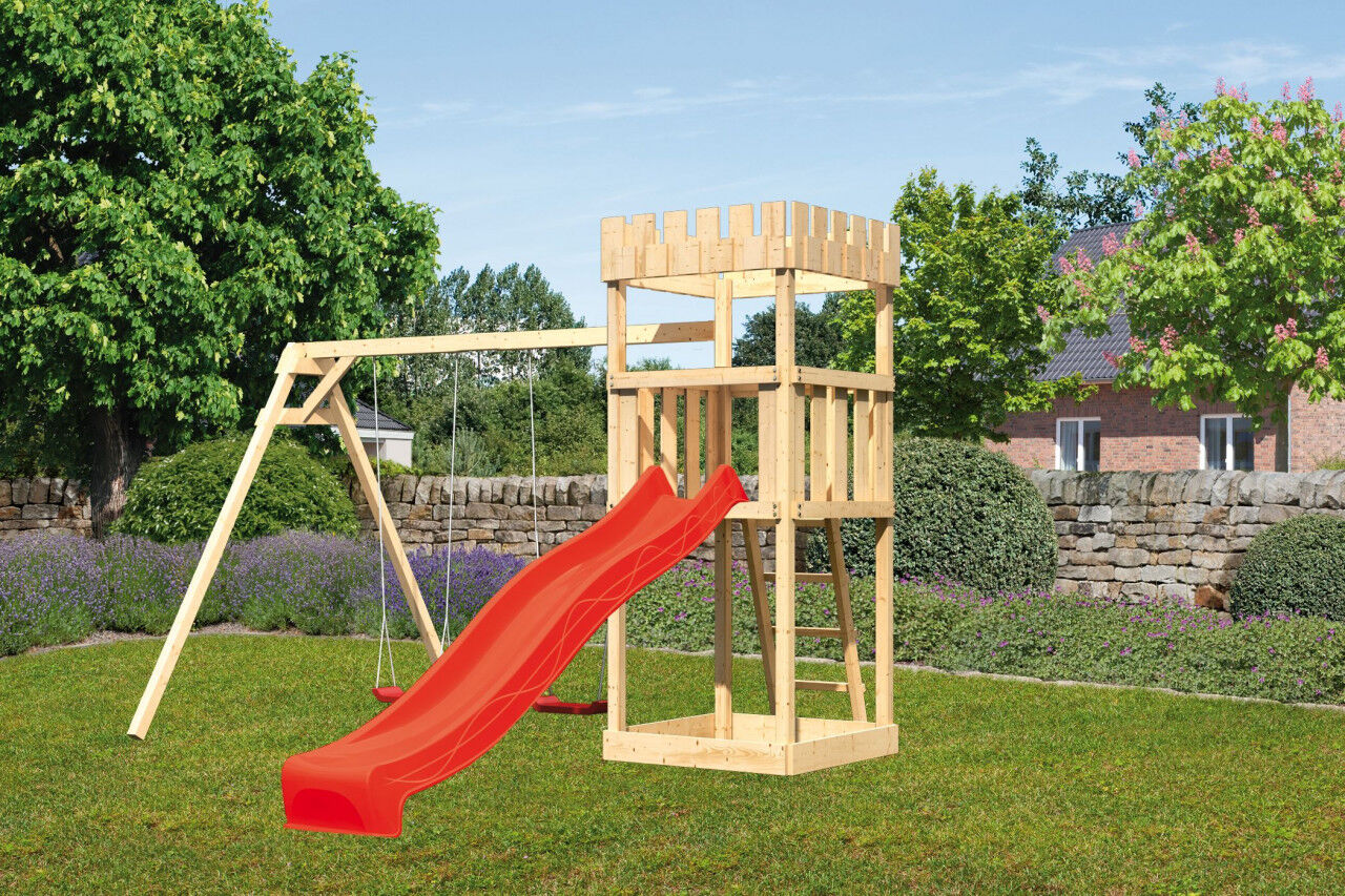 Spielturm Ritterburg Löwenherz SET natur mit Doppelschaukelanbau, Rutsche rot