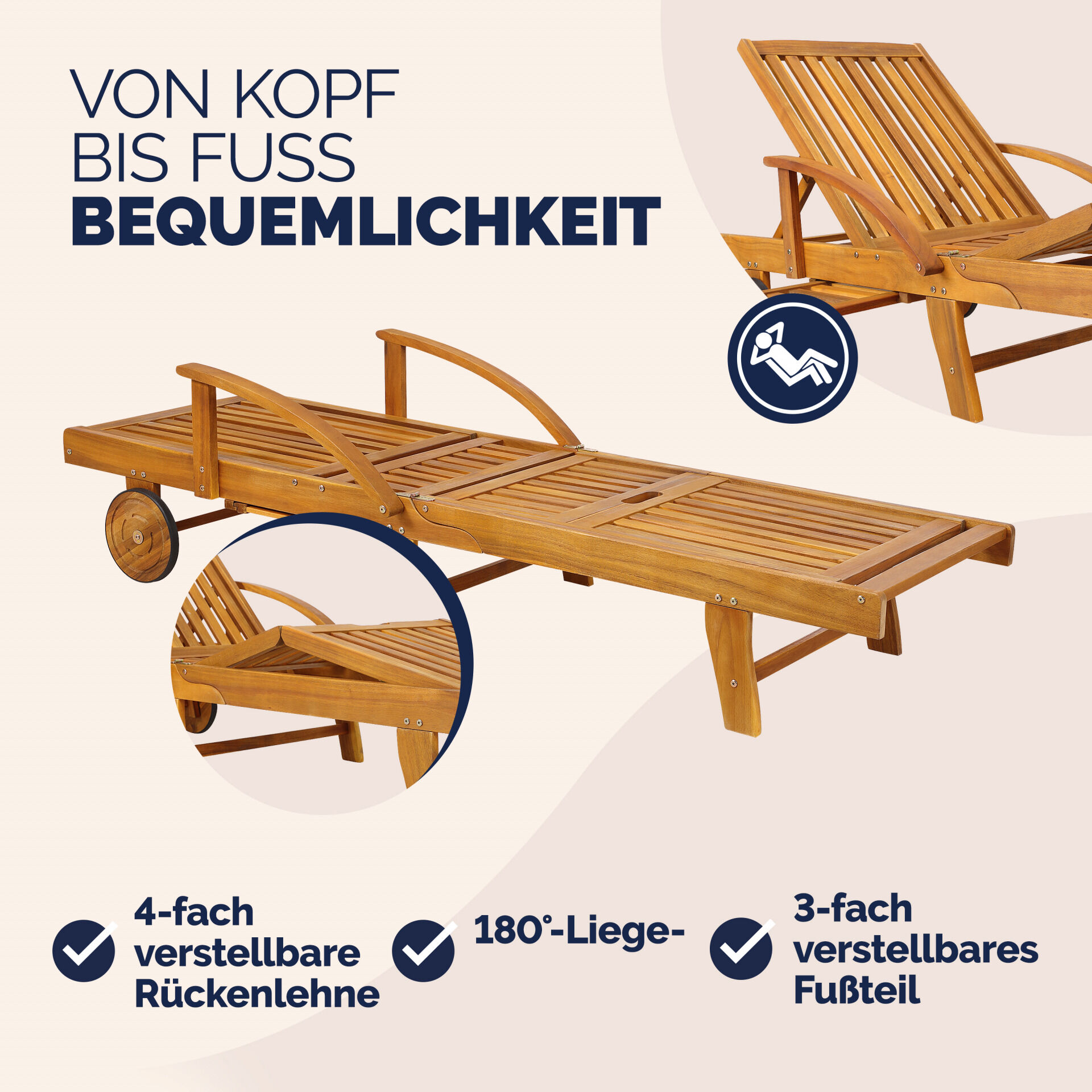 Gartenliege klappbar verstellbar Akazienholz mit Ausziehtisch Rollen