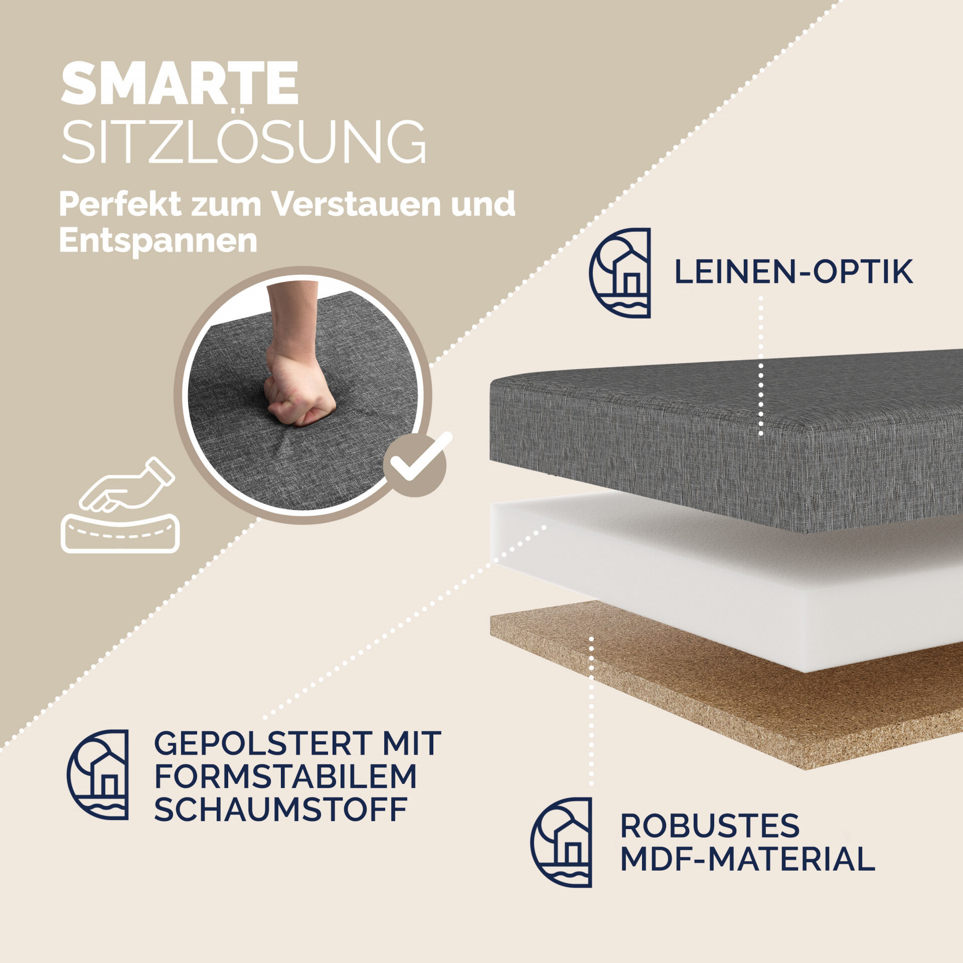 Sitzbank Dunkelgrau 80x40x40cm mit Stauraum faltbar