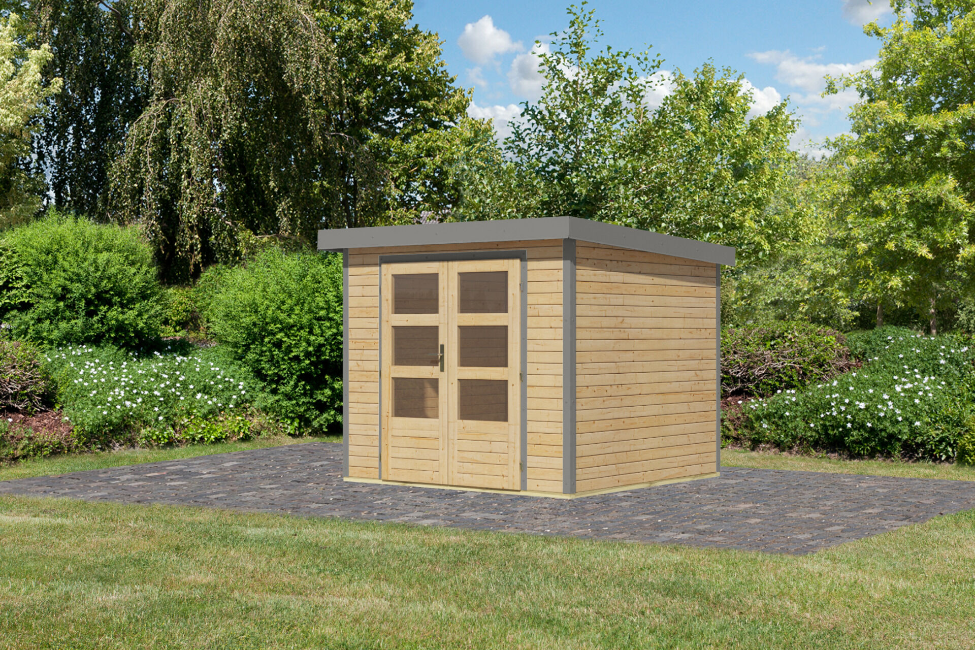 Karibu Pultdach Holz & Metall Gartenhaus Jupiter 3, naturbelassen / graualuminium