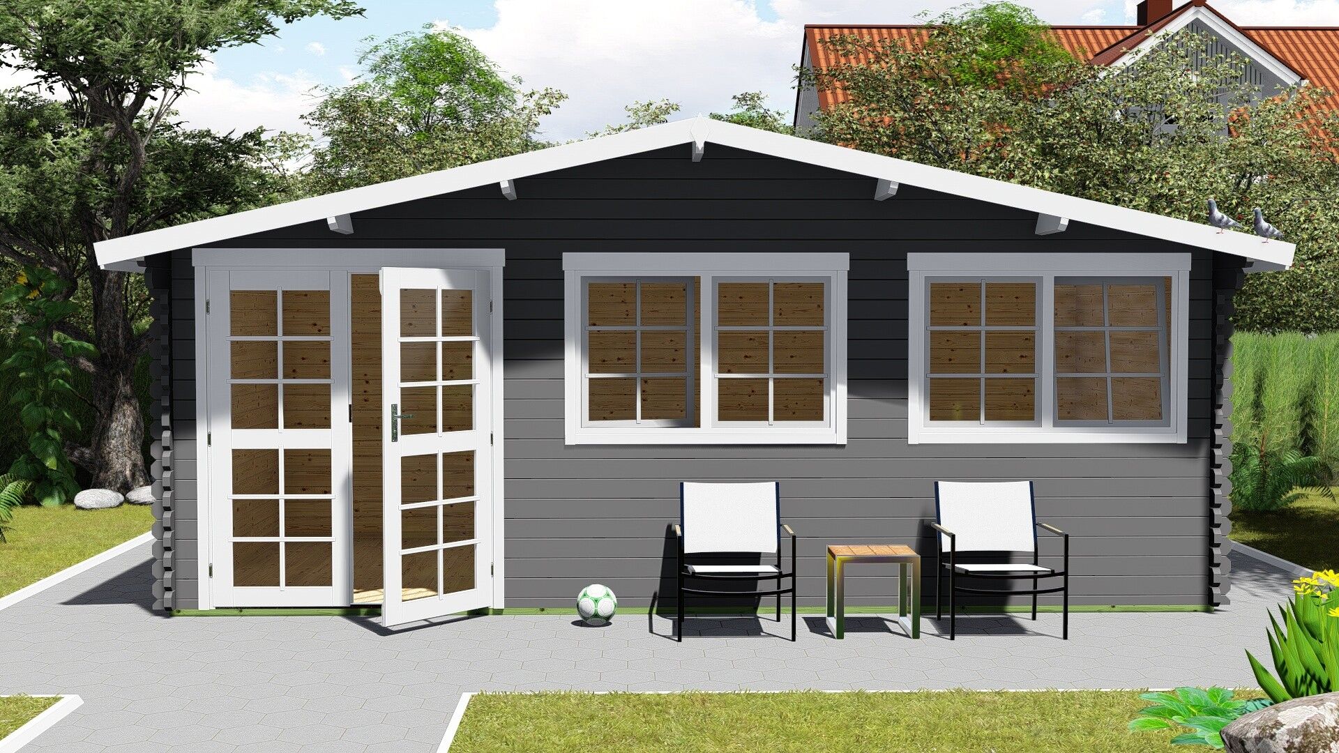 Gartenhaus Norwegen 53 Holz-Blockhaus 6×4 m mit Fensterfront und Satteldach im Garten