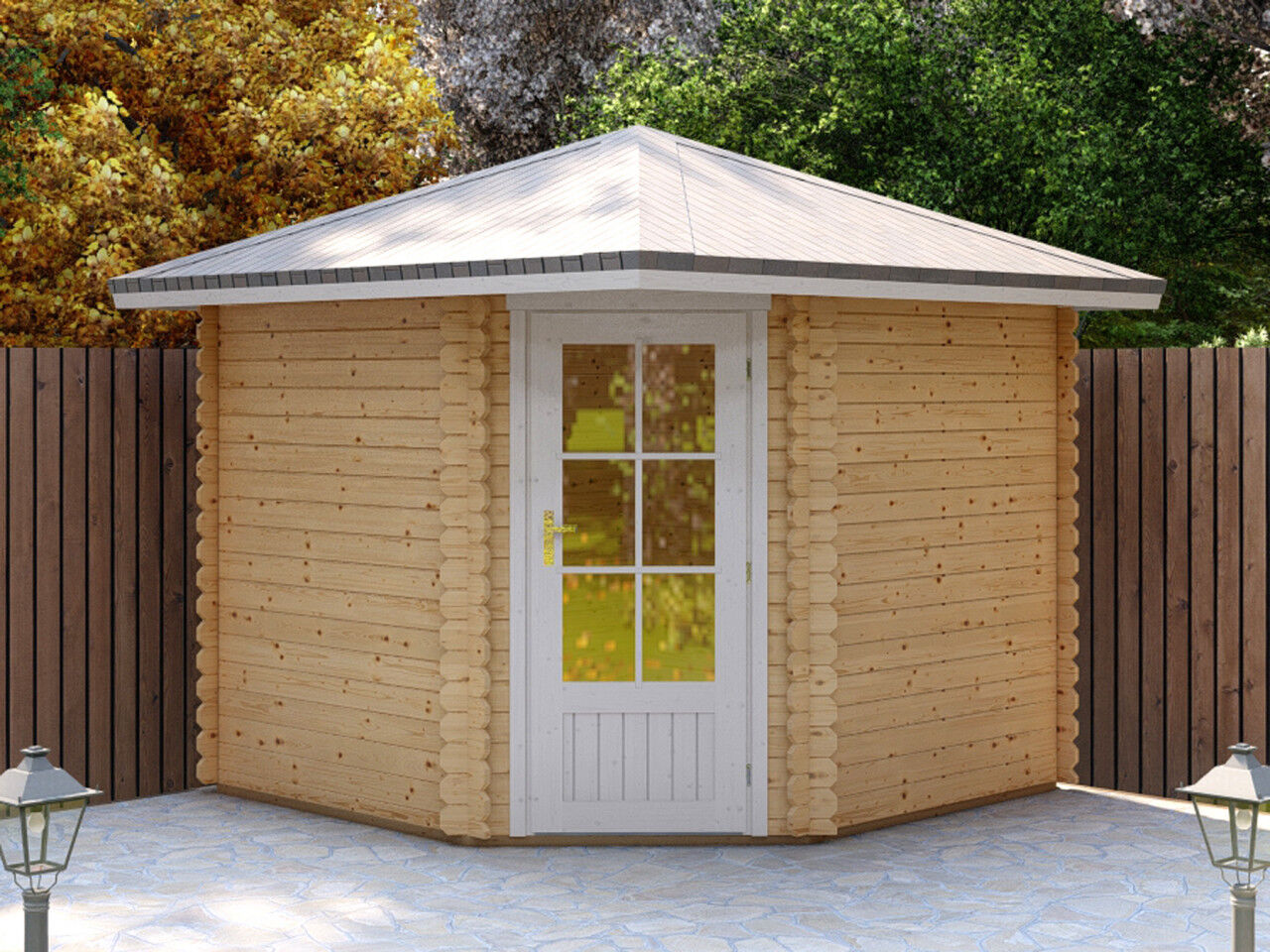 5-Eck Gartenhaus Schweden 42 – 28 mm Blockbohlen mit Einzeltür