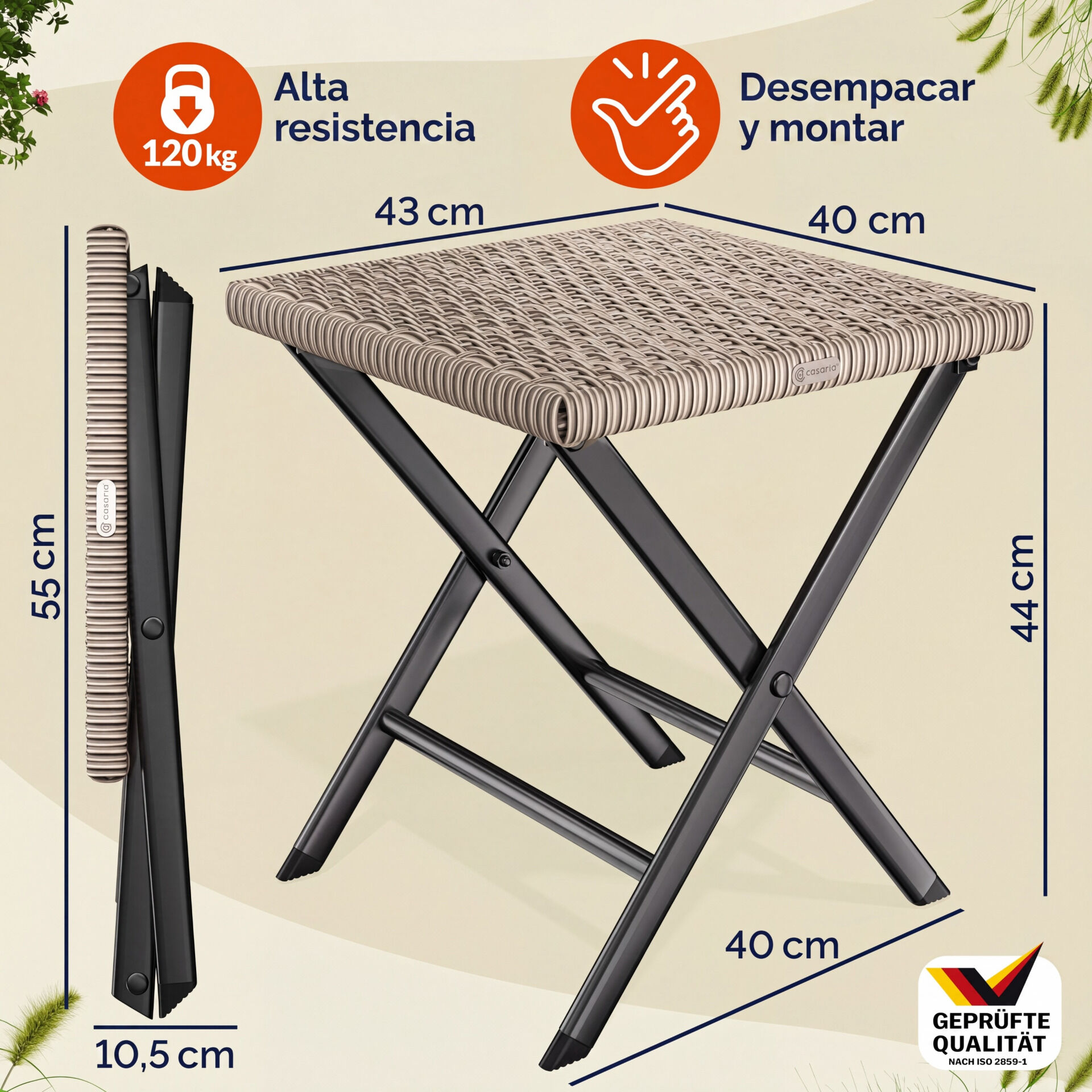 Polyrattan Klapphocker Creme 3in1 120kg Belastbarkeit 43x40x44cm klappbar leicht tragbar außen wetterfest