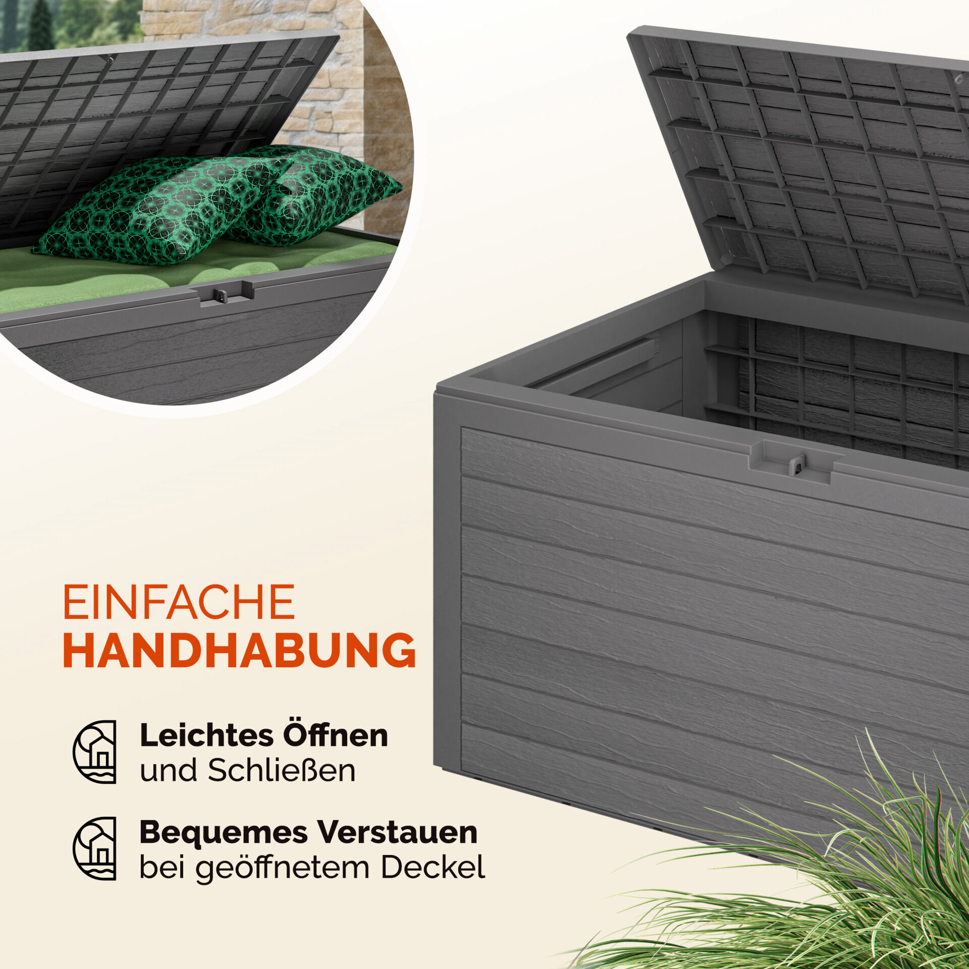 Gartenbox Woody 280L Grau Holzoptik wasserdicht