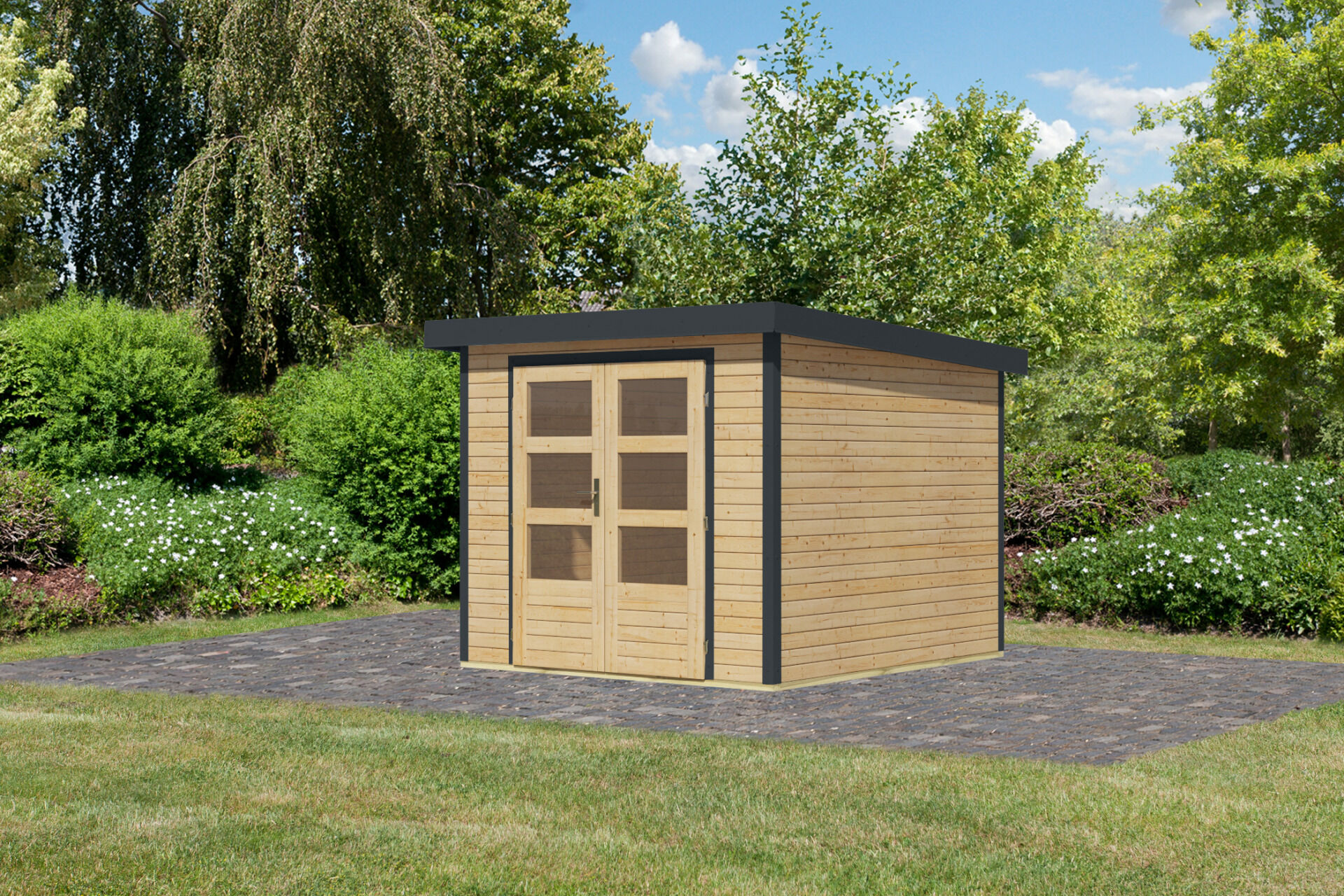 Karibu Pultdach Holz & Metall Gartenhaus Jupiter 3,5, naturbelassen / graualuminium