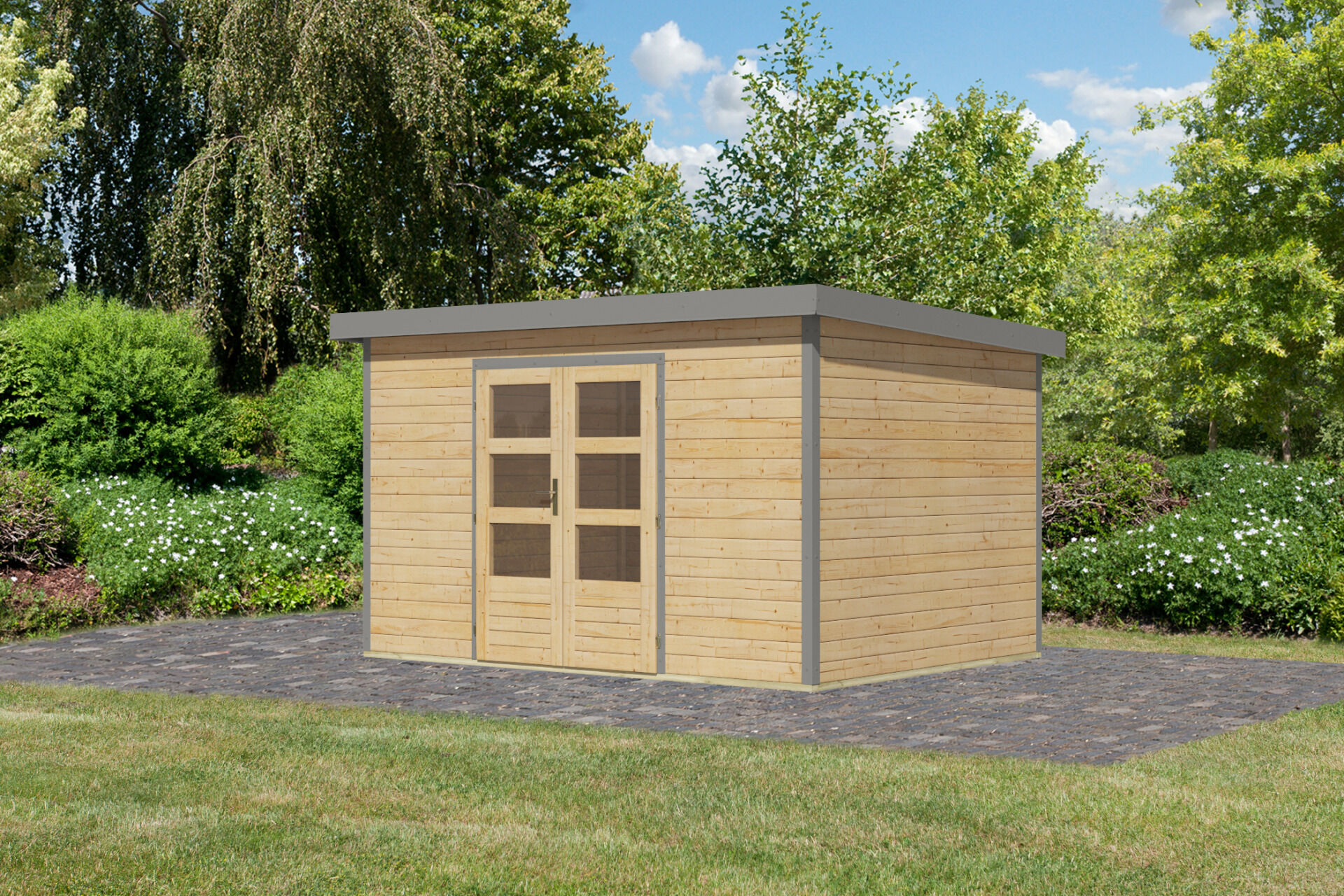 Karibu Pultdach Holz & Metall Gartenhaus Pluto 7, naturbelassen / graualuminium