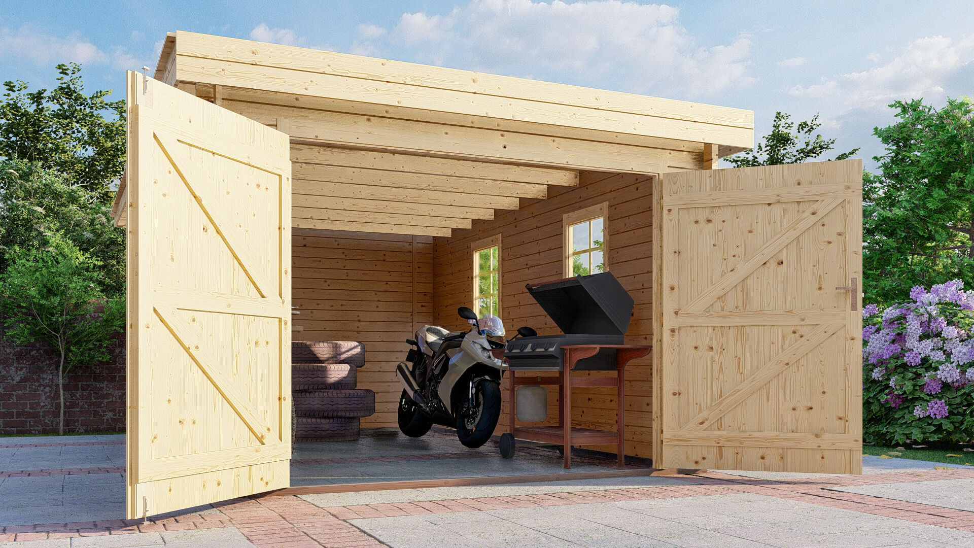 Flachdach Holzgarage Schweden 50 – 28 mm Blockbohlen Garage mit Holztor