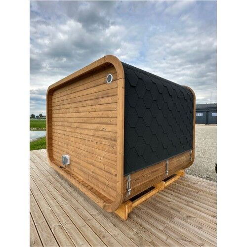 Fasssauna Premium Quadro Comfort 3x2,3 rückwärtige und seitliche Ansicht links