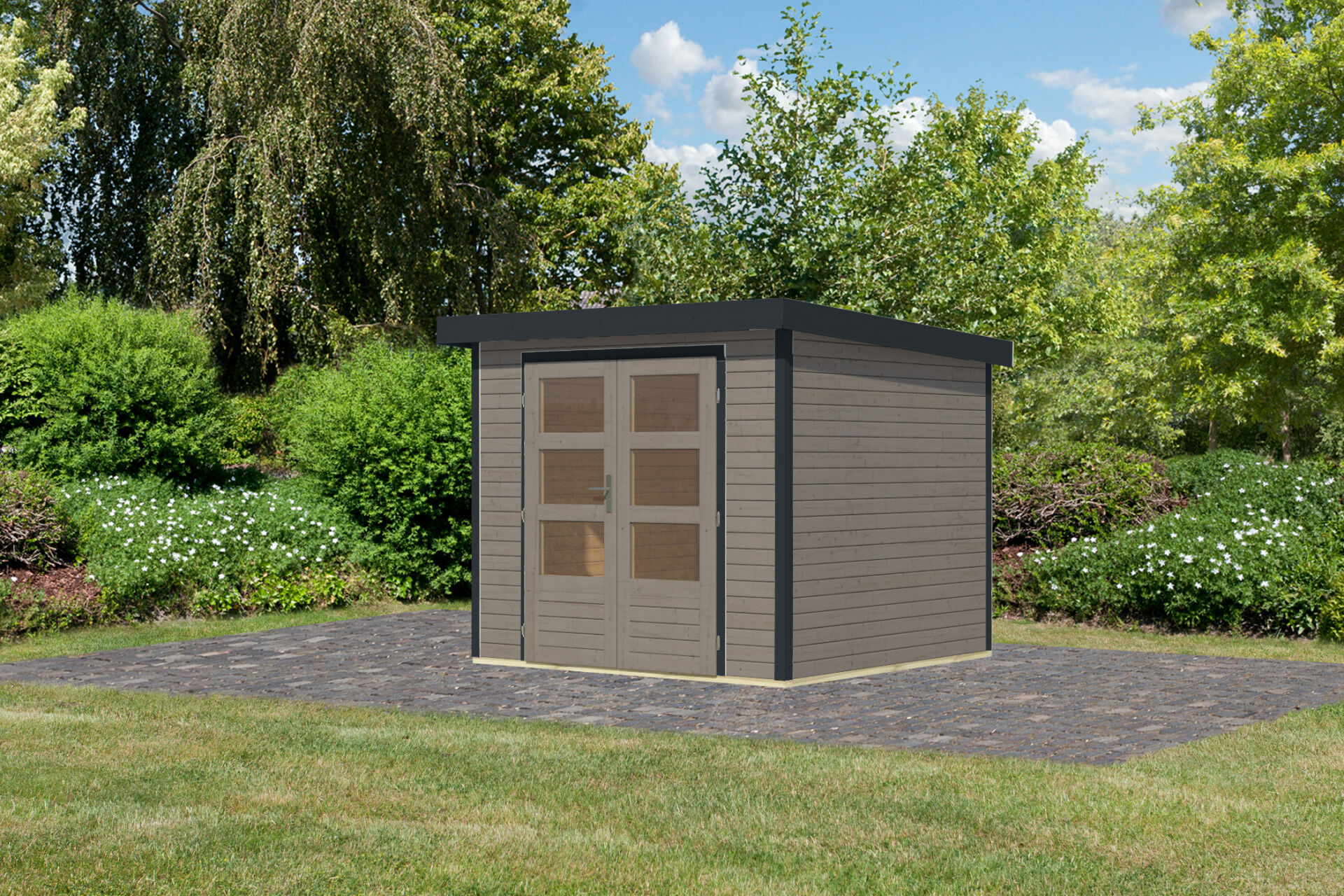 Karibu Pultdach Holz & Metall Gartenhaus Jupiter 3, naturbelassen / graualuminium