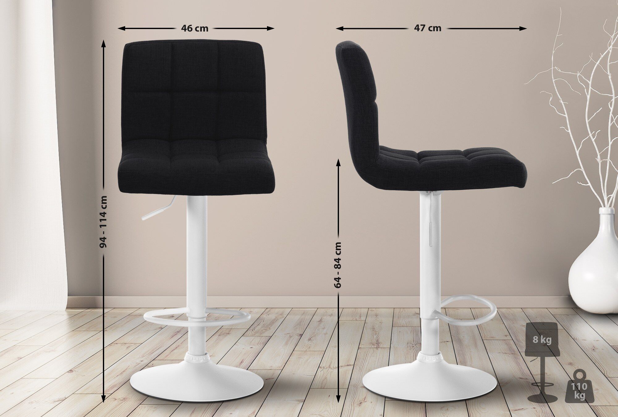 2er Set Barhocker Calma Stoff weiß, schwarz