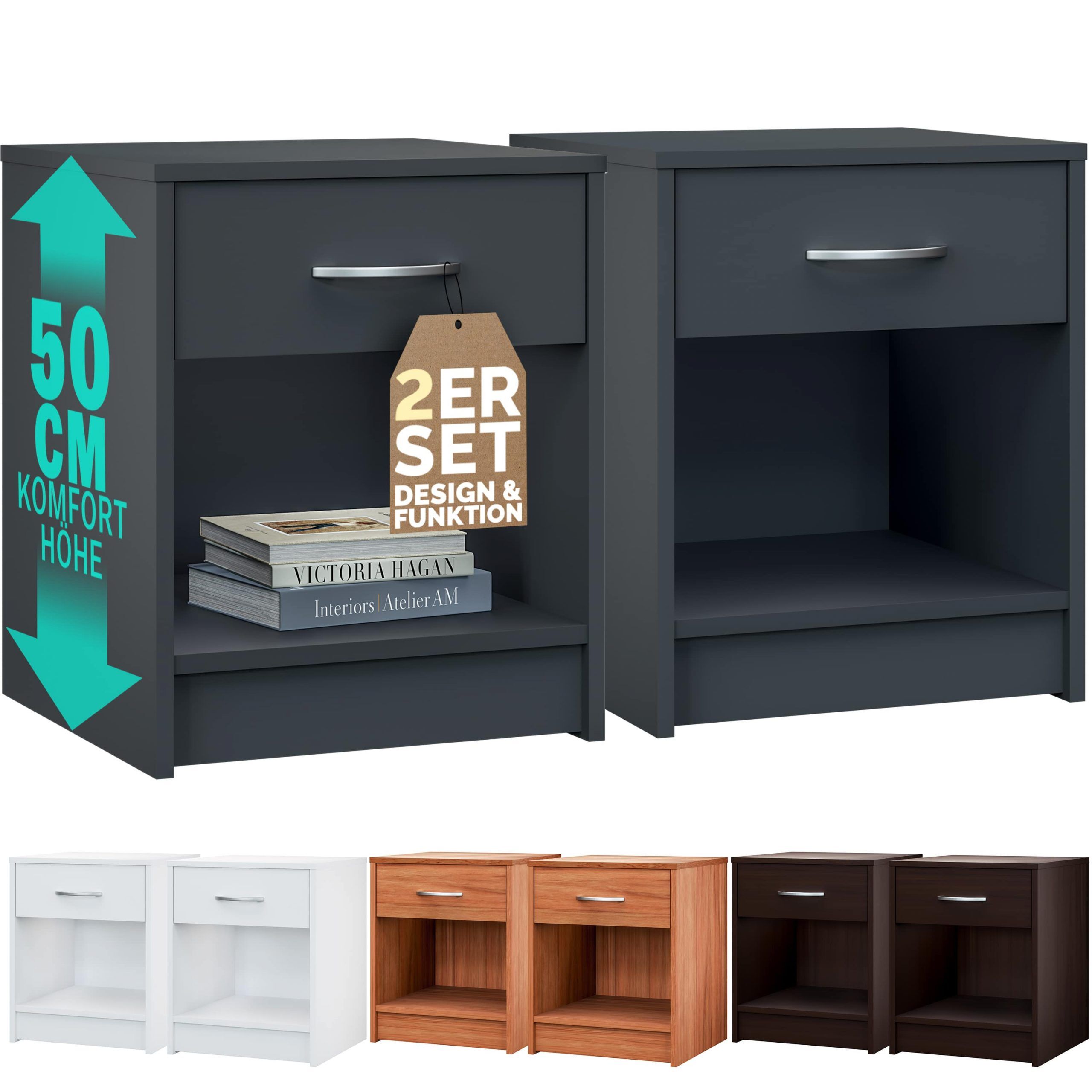Nachttisch Hamburg 2er-Set Anthrazit 50x40x35cm