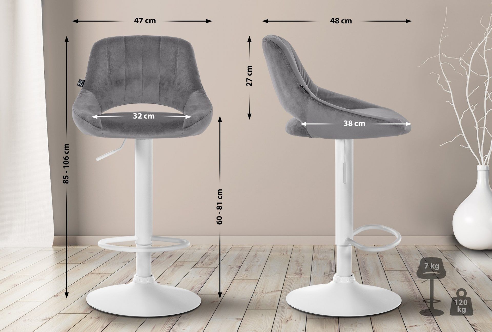 2er Set Barhocker Milet Samt W, dunkelgrau