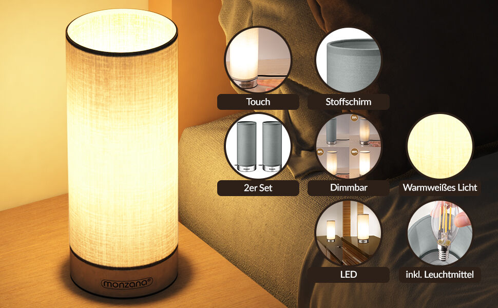 Tischlampe Poppy 2er-Set Grau Dimmbar