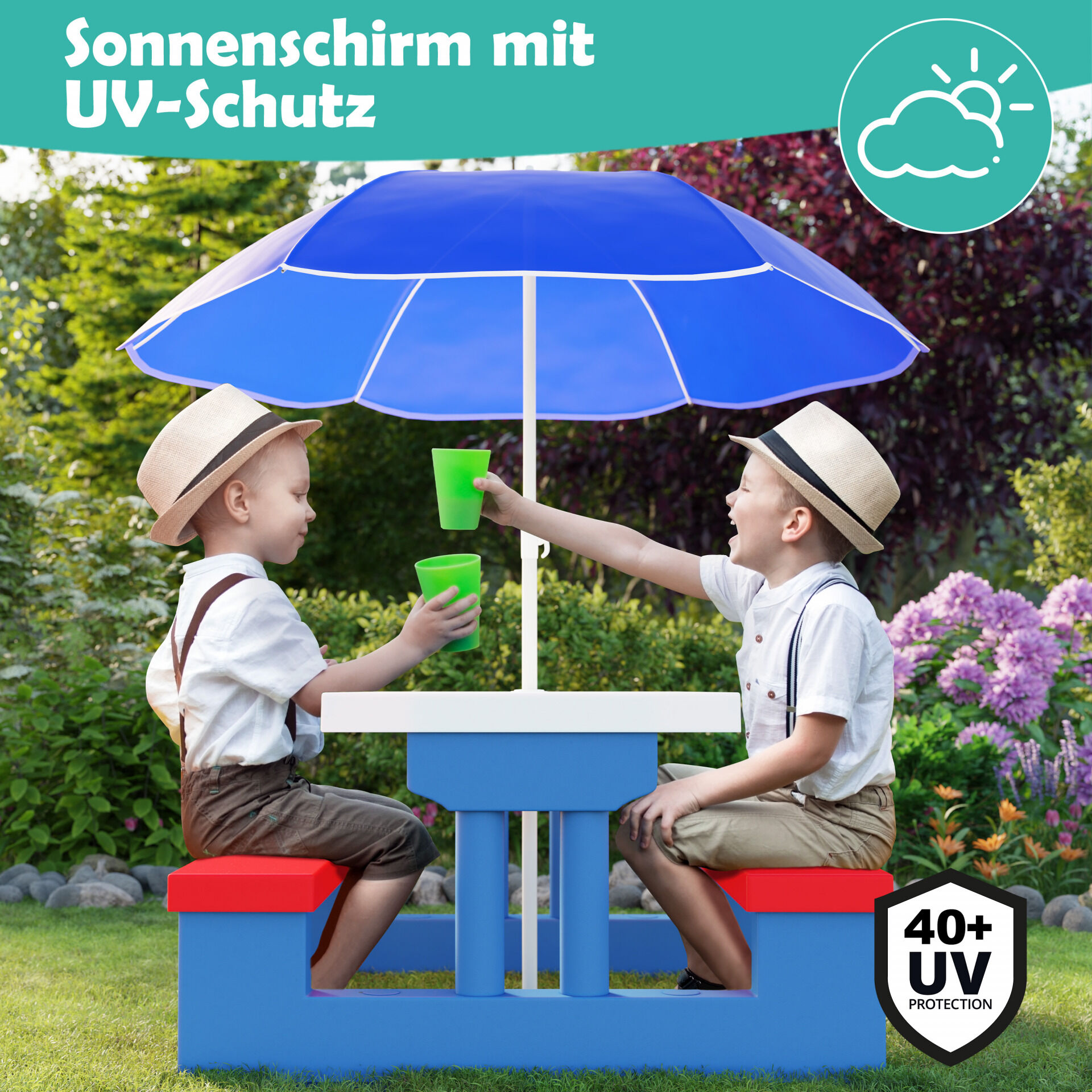 Kindersitzgruppe Blau mit Sonnenschirm
