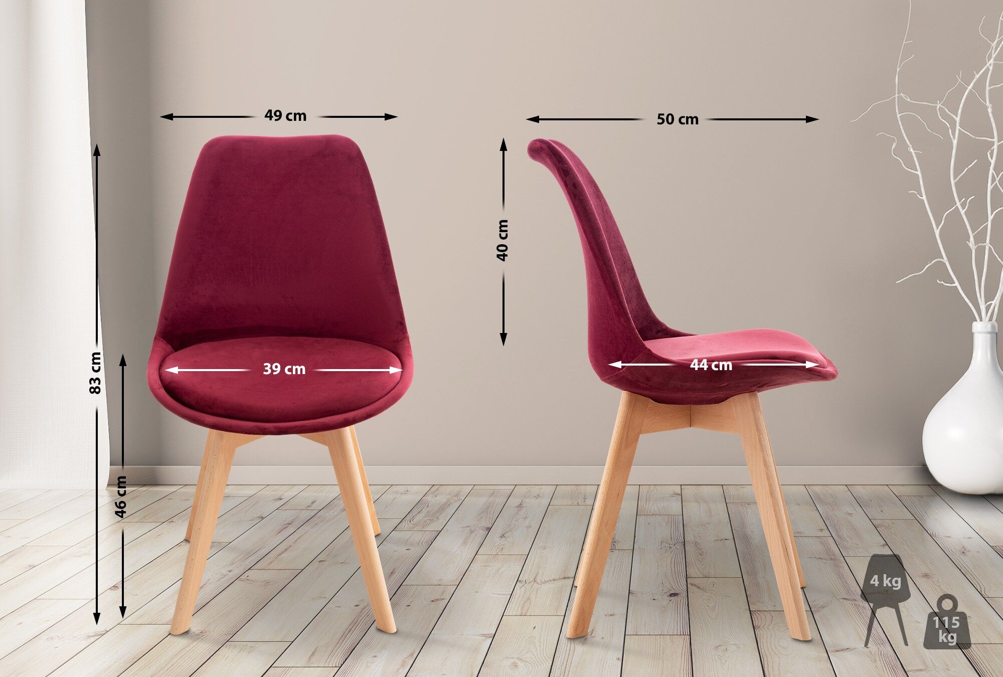 4er Set Stuhl Linares Samt, bordeauxrot