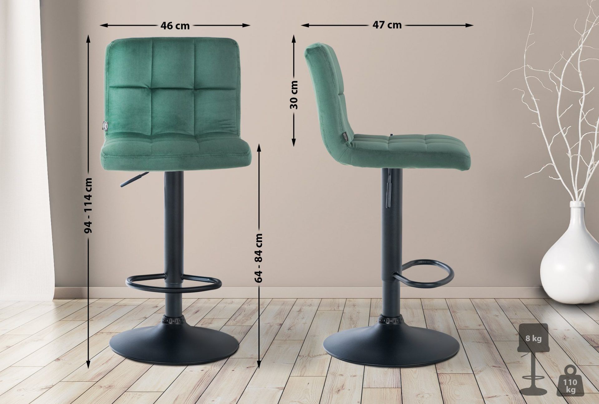 2er Set Barhocker Peru Samt schwarz, grün