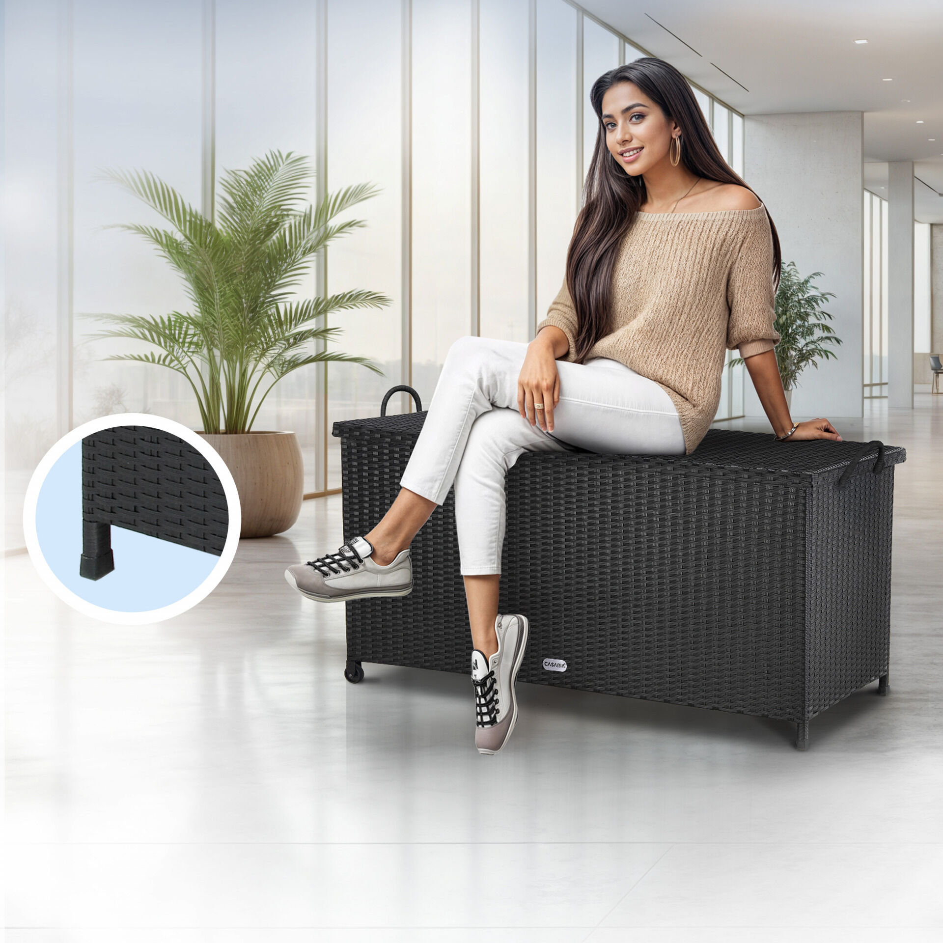 Gartenbox Polyrattan Schwarz 117x53x60cm mit Griffen + Rollen
