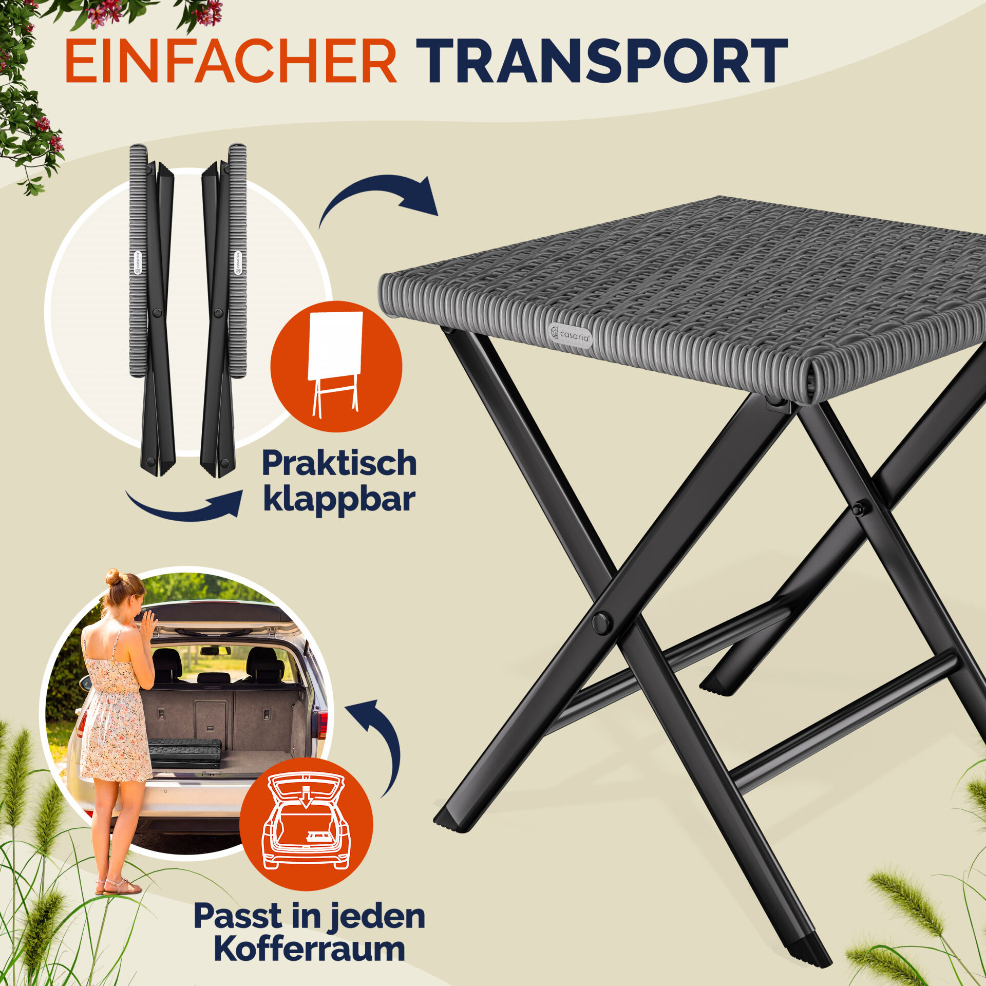 Polyrattan Klapphocker Anthrazit 3in1 120kg Belastbarkeit 43x40x44cm klappbar leicht tragbar außen wetterfest