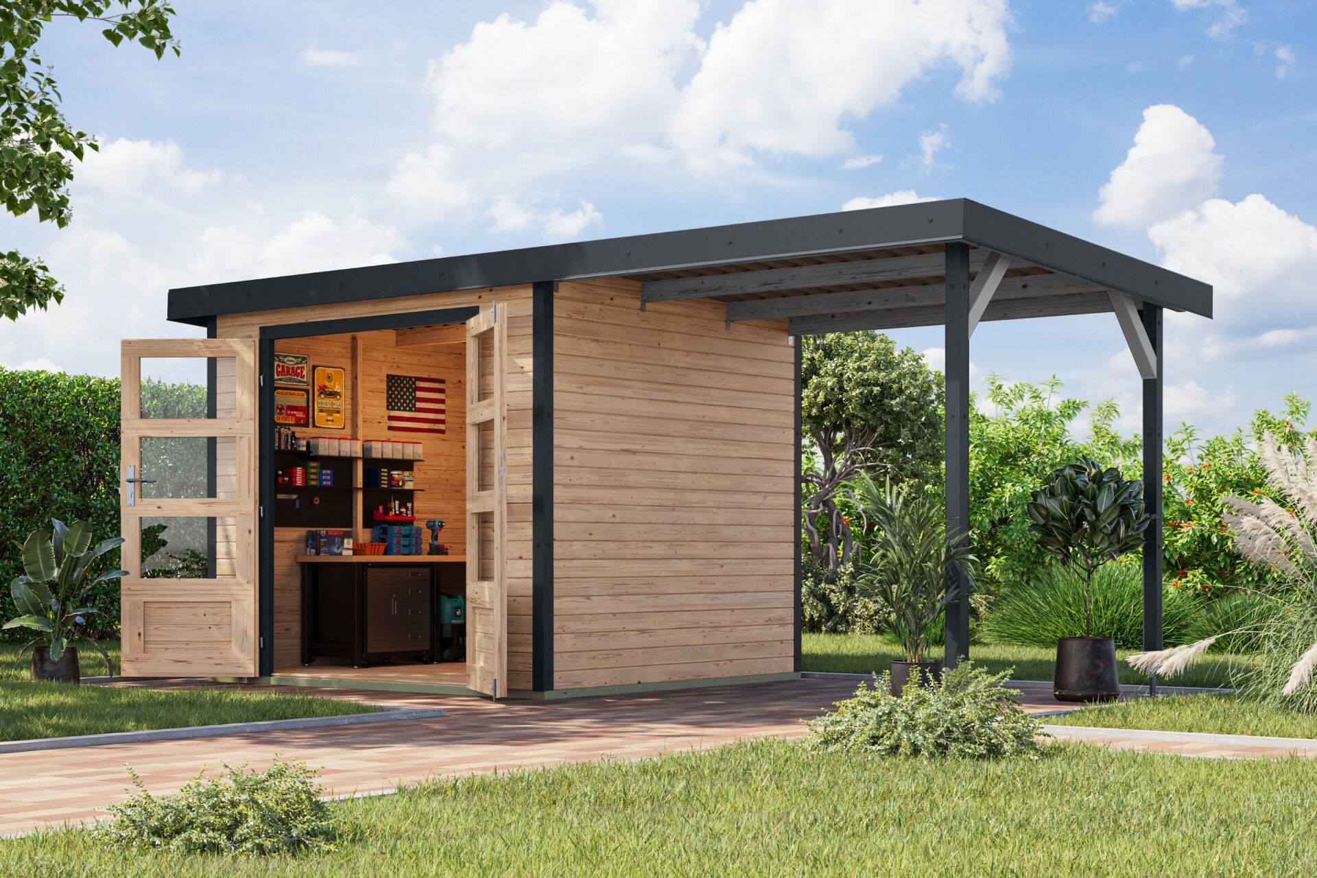 Karibu Pultdach Holz & Metall Gartenhaus Jupiter 3 Set mit Anbaudach 2,35 m, naturbelassen / graualuminium