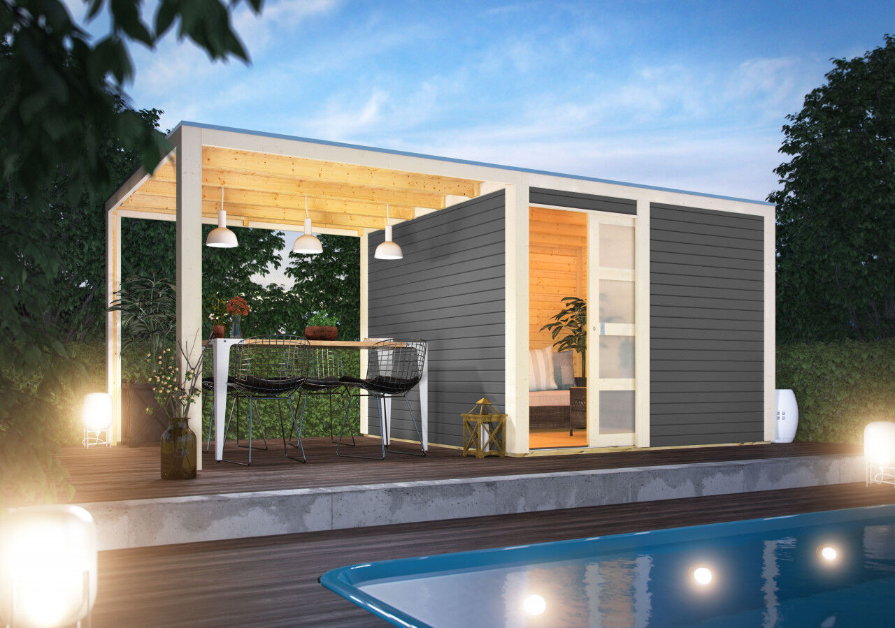 Karibu Flachdach Gartenhaus Qubic 2 im Set mit Anbaudach terragrau