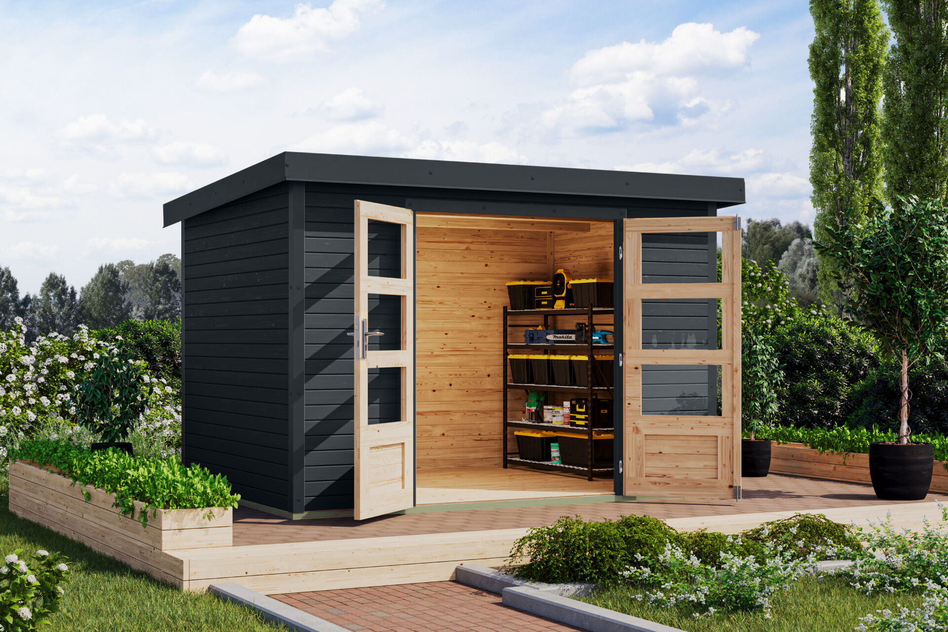 Karibu Pultdach Holz & Metall Gartenhaus Jupiter 4, naturbelassen / graualuminium