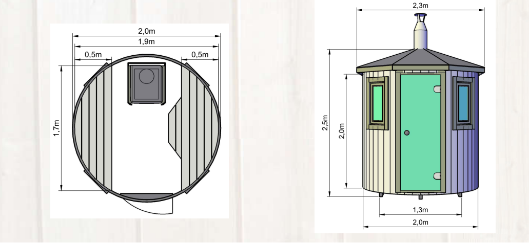 Zeichnung Vertikal Sauna Emil, bemaßt