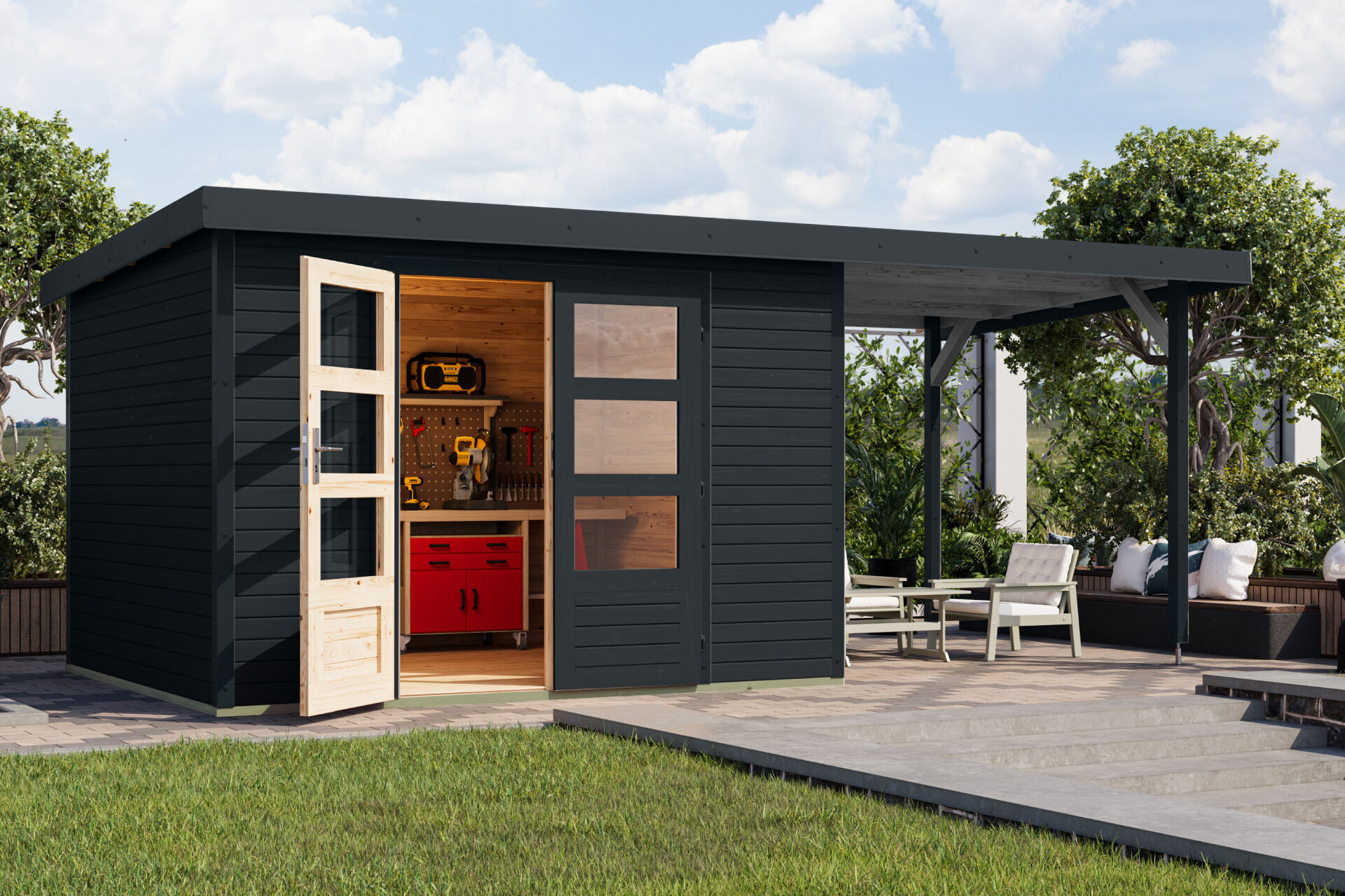 Karibu Pultdach Holz & Metall Gartenhaus Jupiter 5 Set mit Anbaudach 2,35 m, naturbelassen / graualuminium
