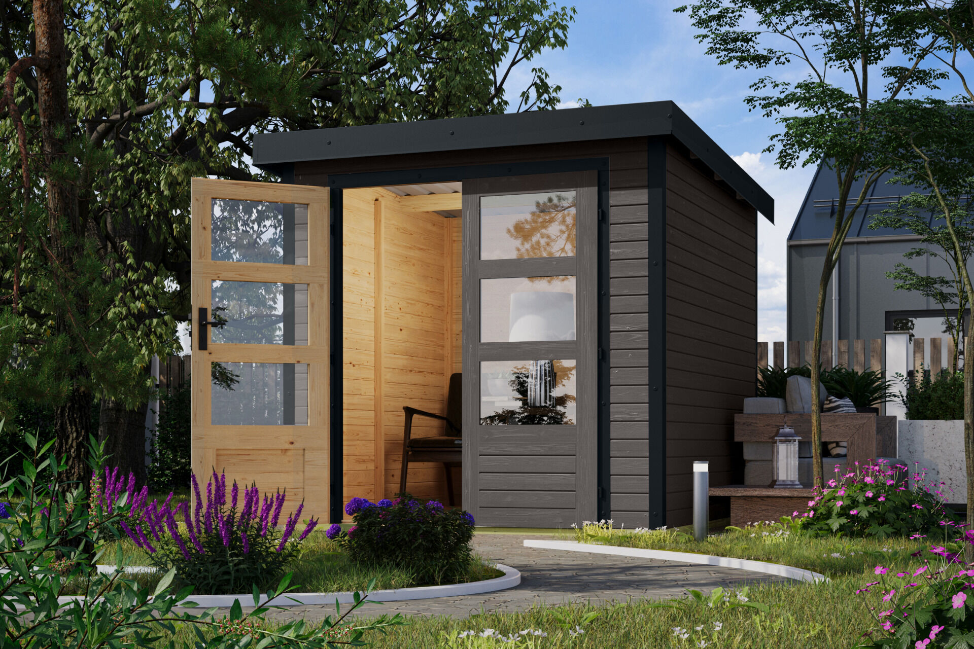 Karibu Pultdach Holz & Metall Gartenhaus Jupiter 2, naturbelassen / graualuminium