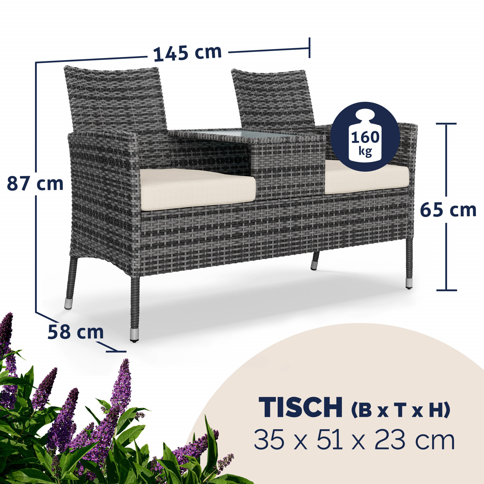 Polyrattan Kino Bank Grau/Beige 145x58x87cm