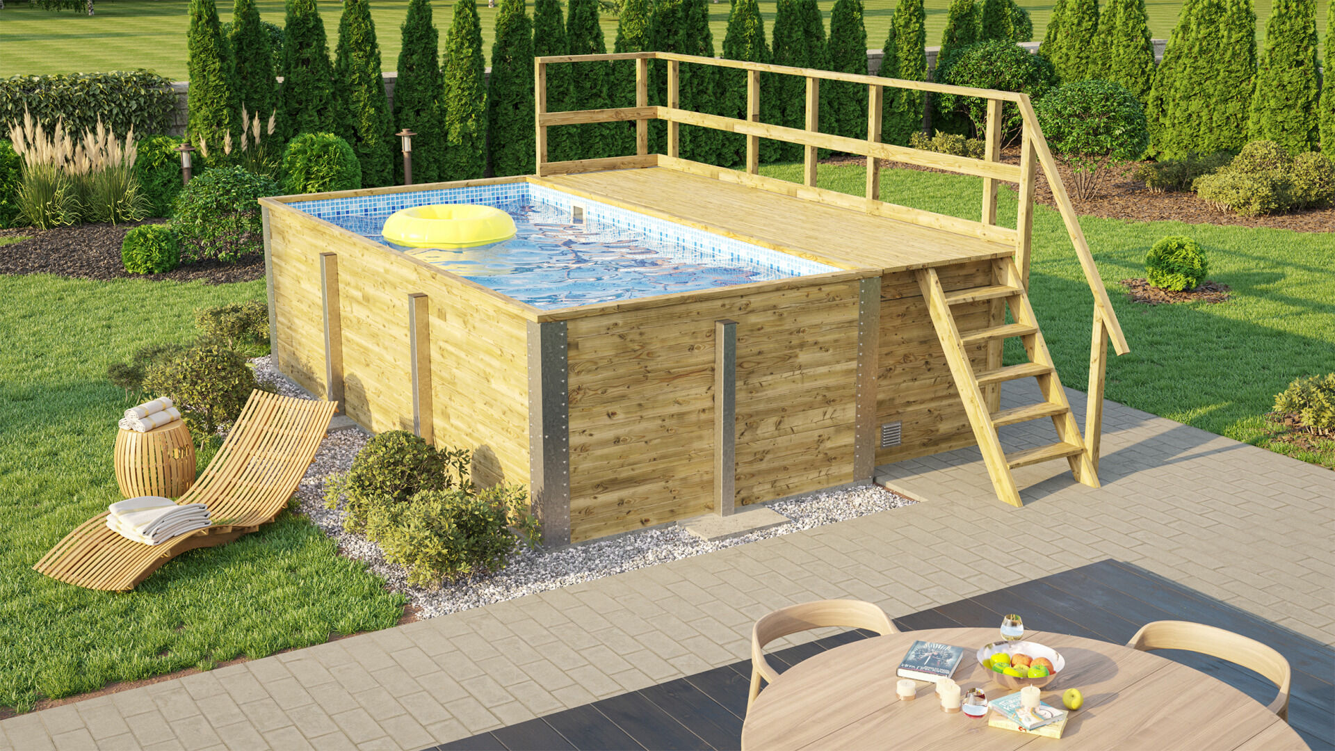weka Massivholzpool 595 Gr. 1, Folie Blau/Mosaic, inkl. Technikraum/Sonnendeck und Sandfilteranlage, 6 Metallstützen