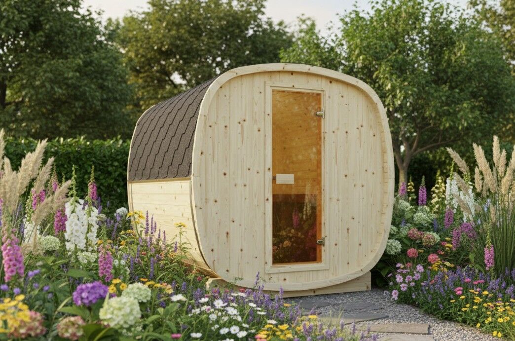 alt="Fasssauna Quadro Elva L mit Holzofen nordisches Holz Sauna Garten Fichte