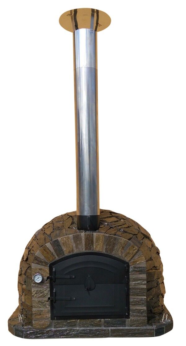 Pizzaofen Lisboa Pietra 100 inkl. Kaminrohr und Regenhut aus Feueraluminium, braun, ohne Abdeckhaube, Pizzaschaufel rund 19cm Holzstiel 1m, ohne Zubehörset, ohne Grillzubehör, ohne fahrbares Gestell