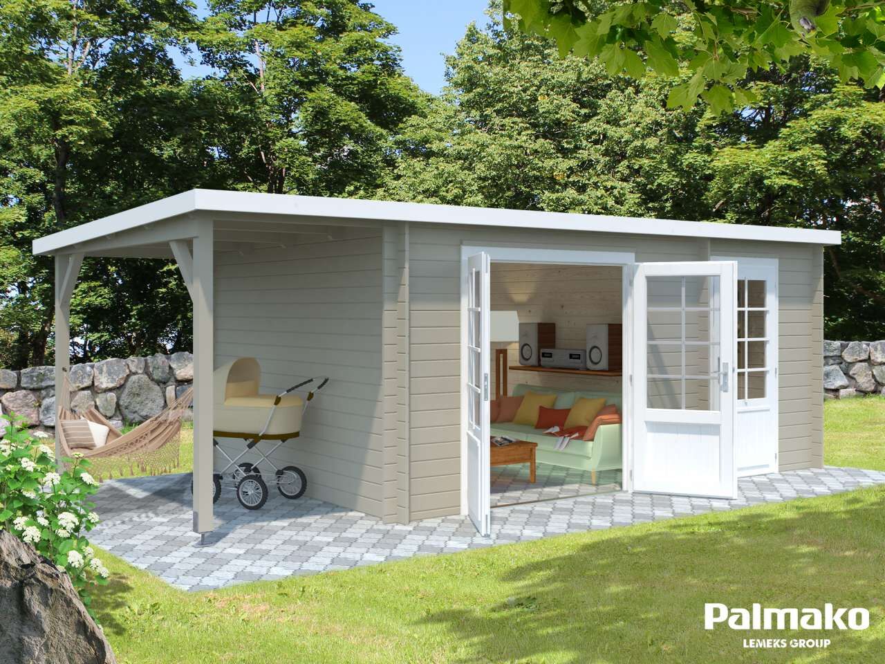 Flachdach Palmako Gartenhaus Ella 13,1+3,9 m²