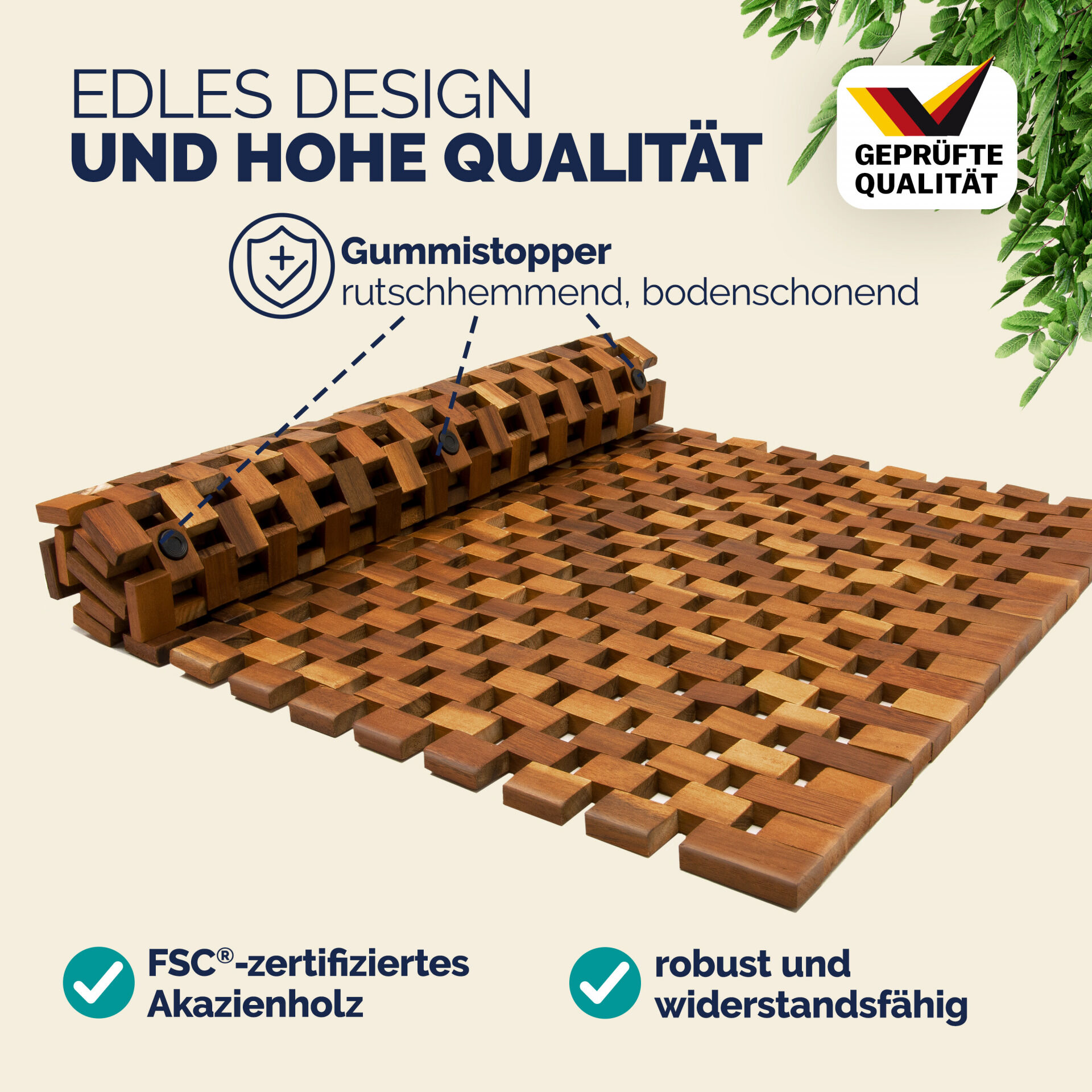 Badvorleger Holz 80x50cm FSC®-zertifiziertes Akazienholz Gummistopper