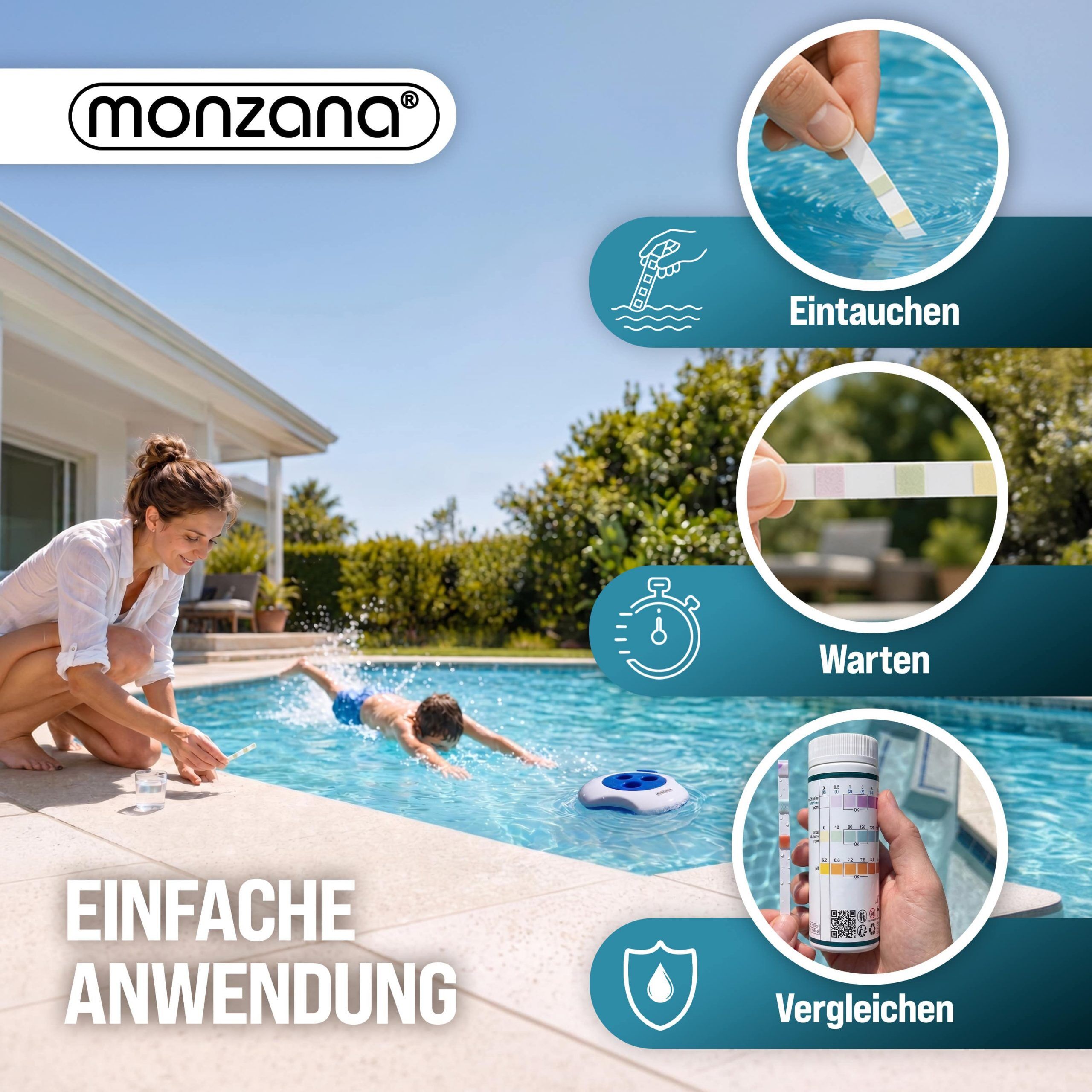 Dosierschwimmer Pool für 20-200g Tabletten inklusive 150 3in1 Teststreifen UV-Resistent Chlor Schwimmer mit Thermometer