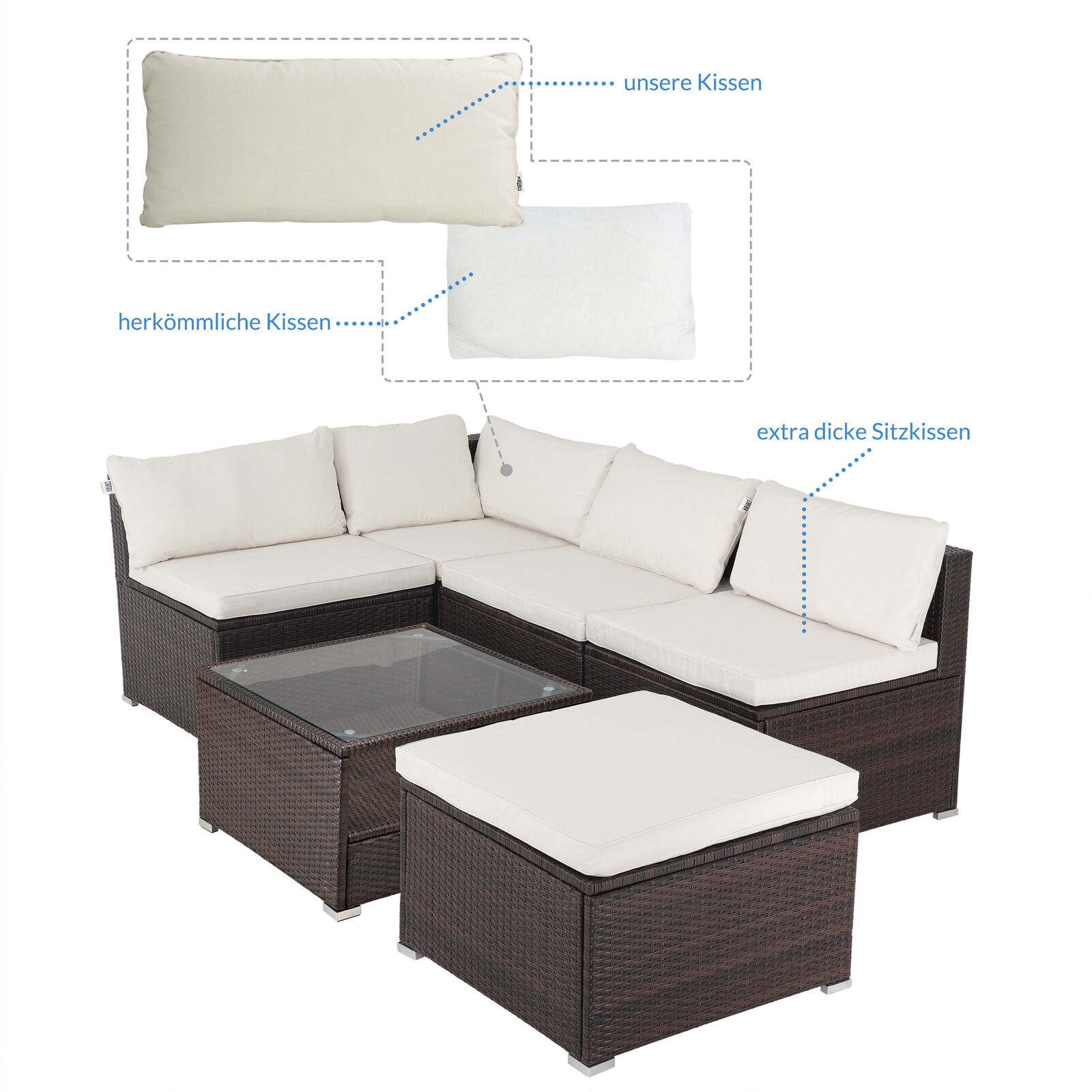 Polyrattan Ecklounge Braun/Creme dicke Rückenpolster