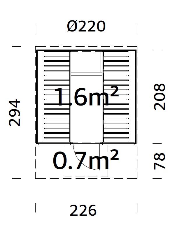 Zeichnung Palmako Saunafass Anita 1,6+0,7 m²