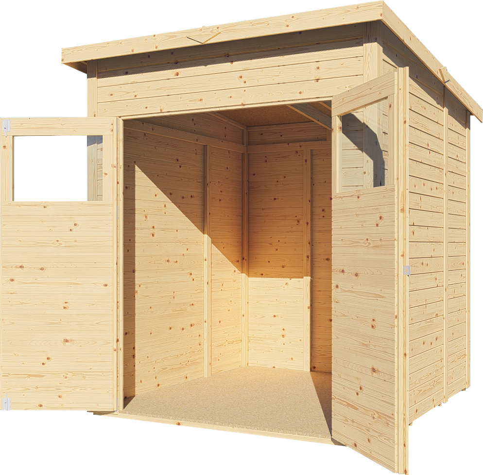 Gartenhaus Amrum 2 naturbelassen mit geöffneter Doppeltür, freigestellt