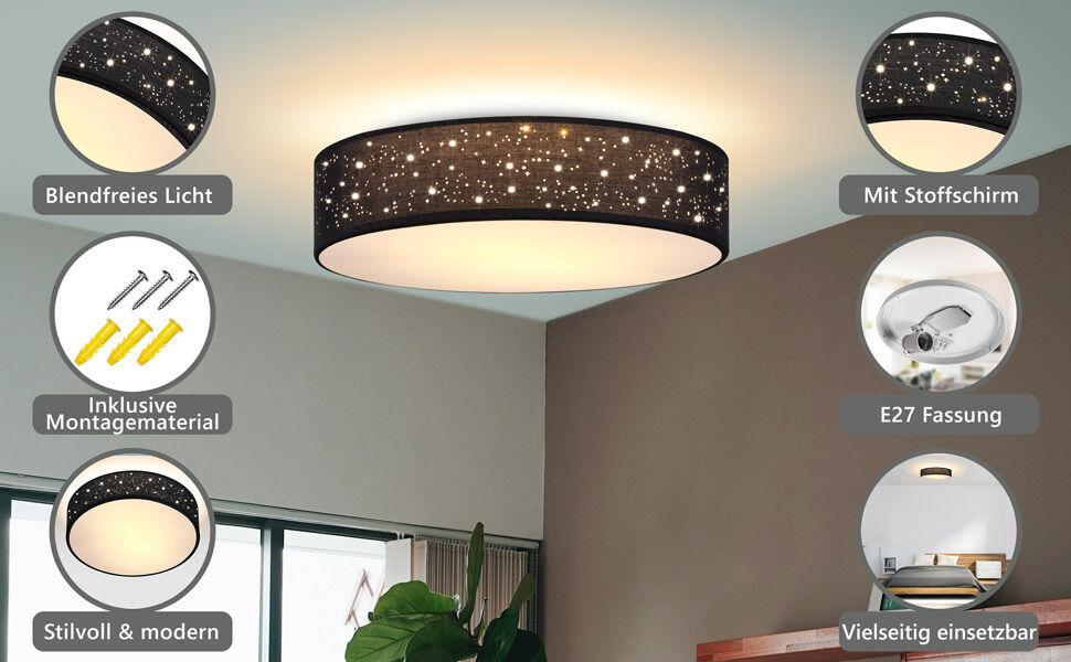 Deckenlampe Schwarz Stoff Ø30cm Sternenhimmel