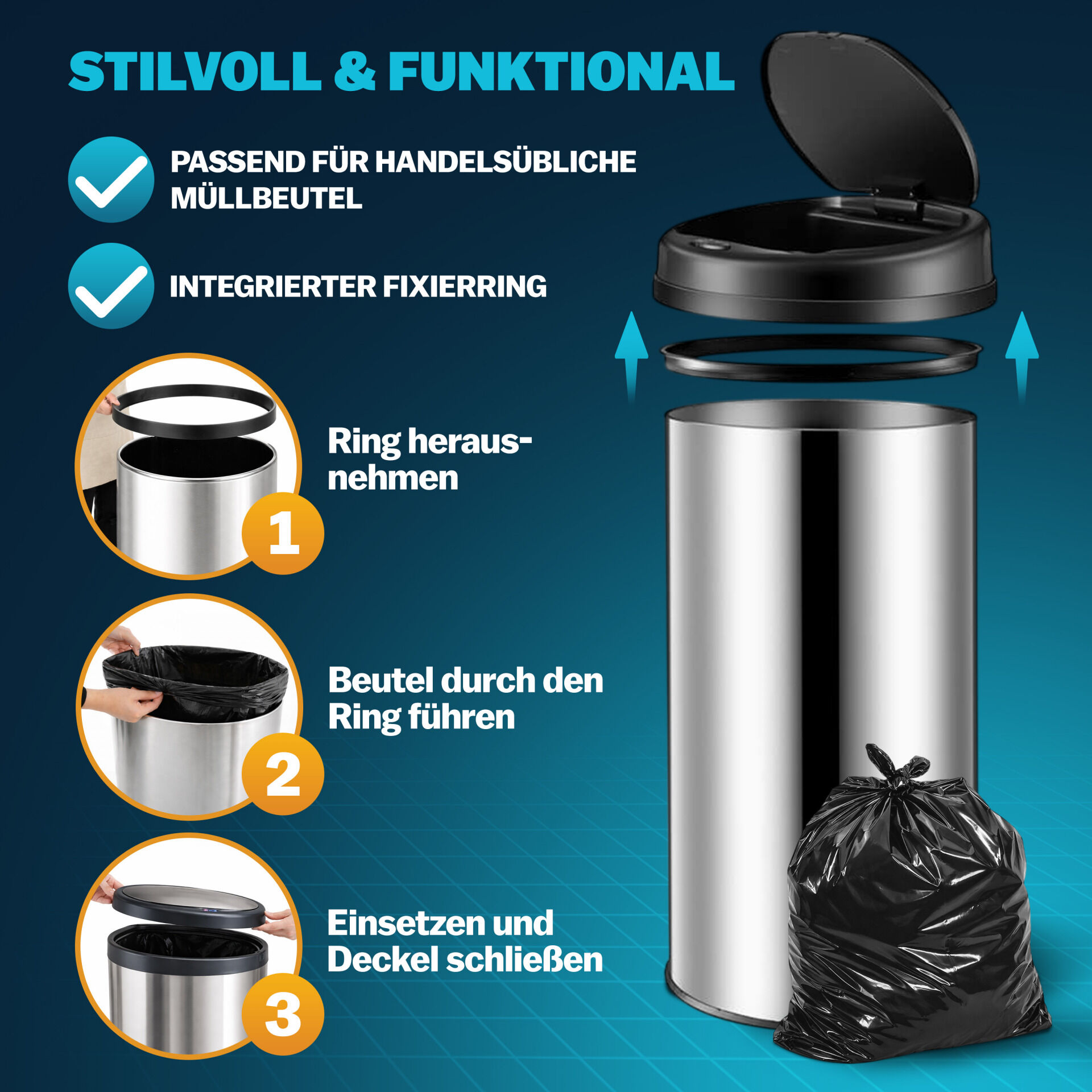 Sensor Mülleimer Silber Edelstahl 50L