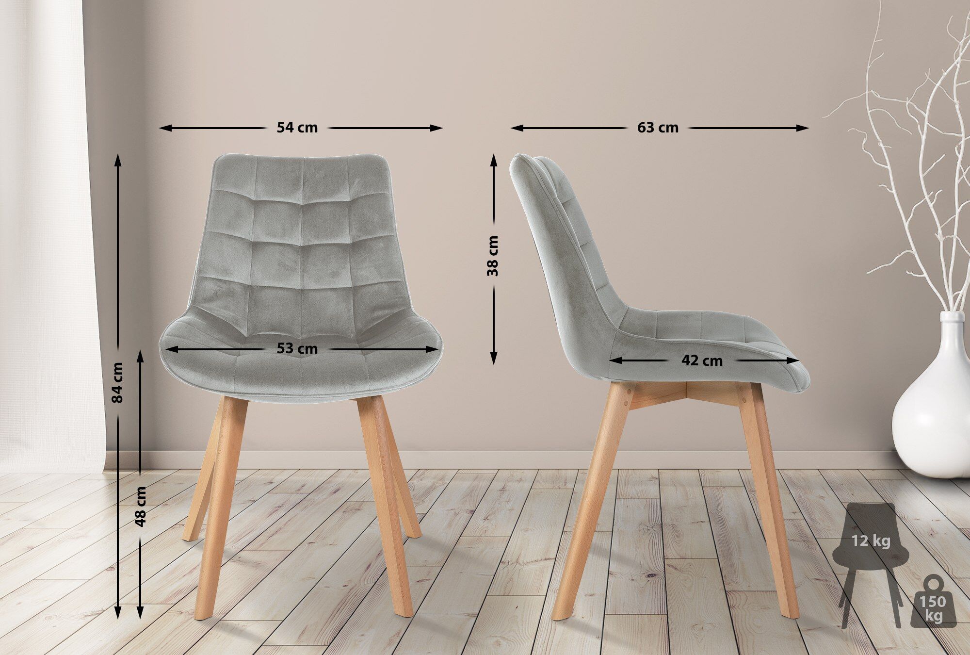 2er Set Stühle Brook Samt, grau