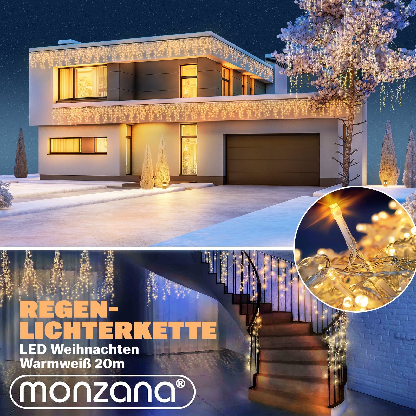 Regenlichterkette LED Warmweiß 20m Fernbedienung