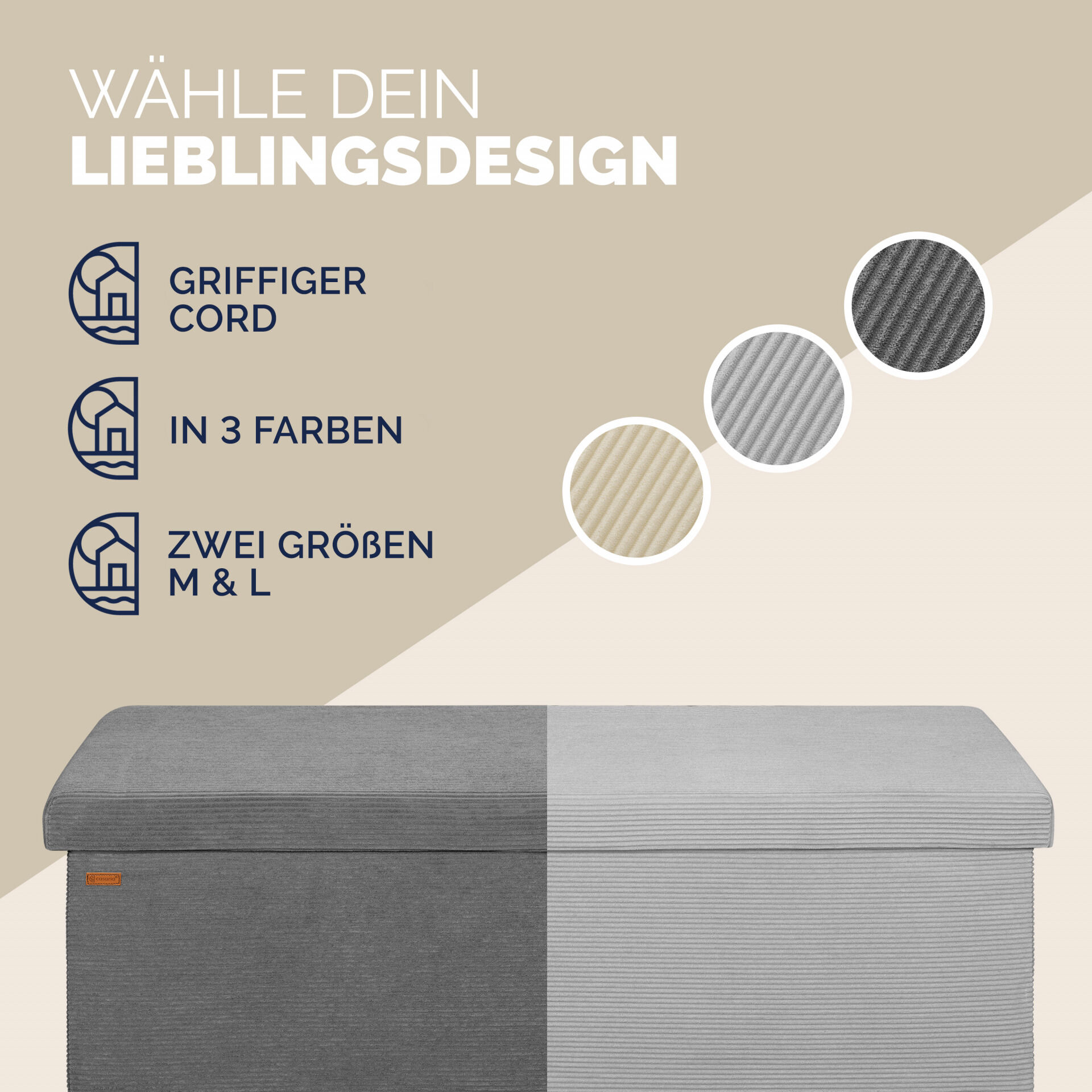 Sitzbank Anthrazit Cord 114x38x38cm MDF faltbar