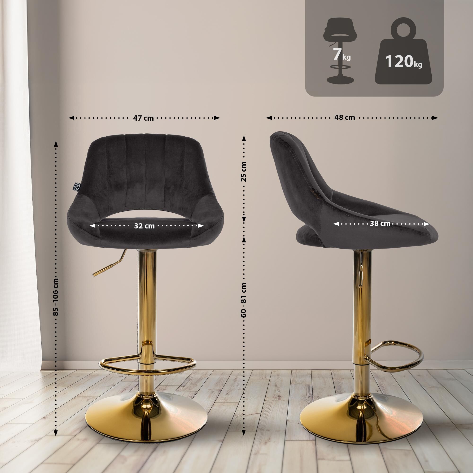 2er Set Barhocker Milet Samt G, schwarz