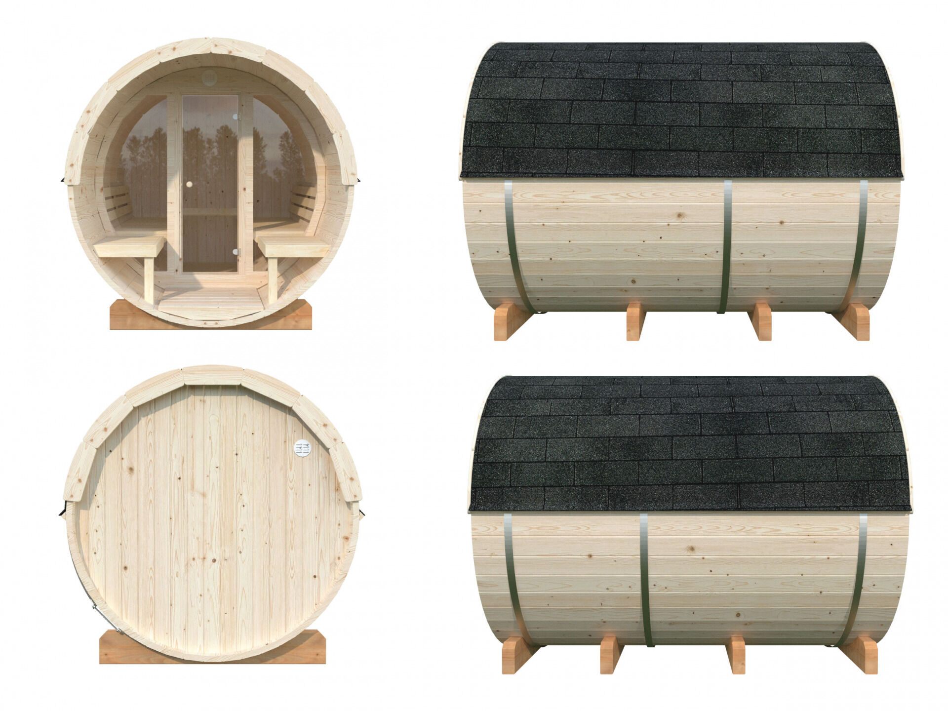 Palmako Saunafass Anita 1,6+0,7 m² mit Glasfront, Ansichten von Vorne, Seiten und Hinten