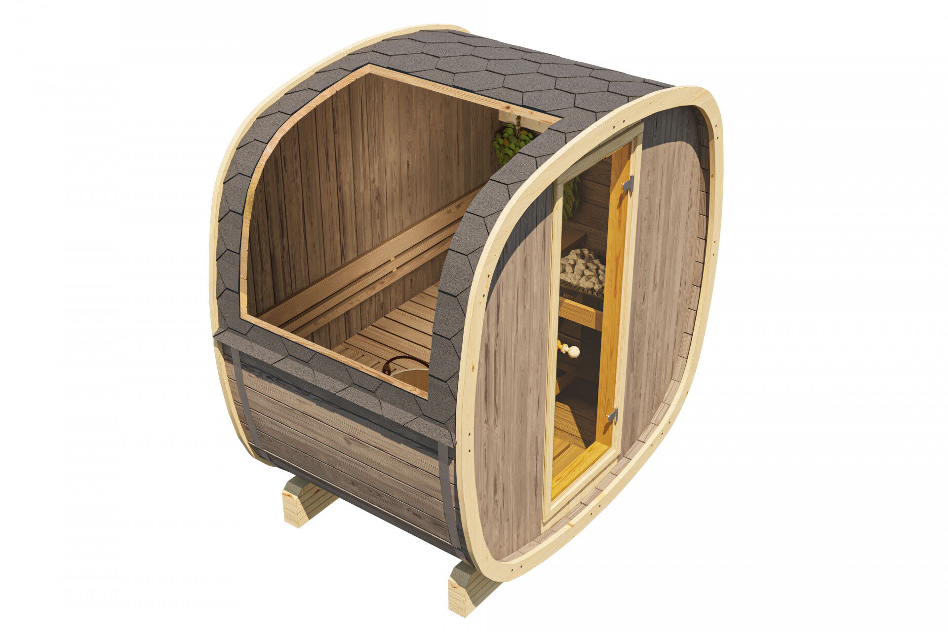 Finn Art Fasssauna Quadro 130 Standard Thermoholz, Innenansicht mit Bank, Rückenlehne, Elektroofen