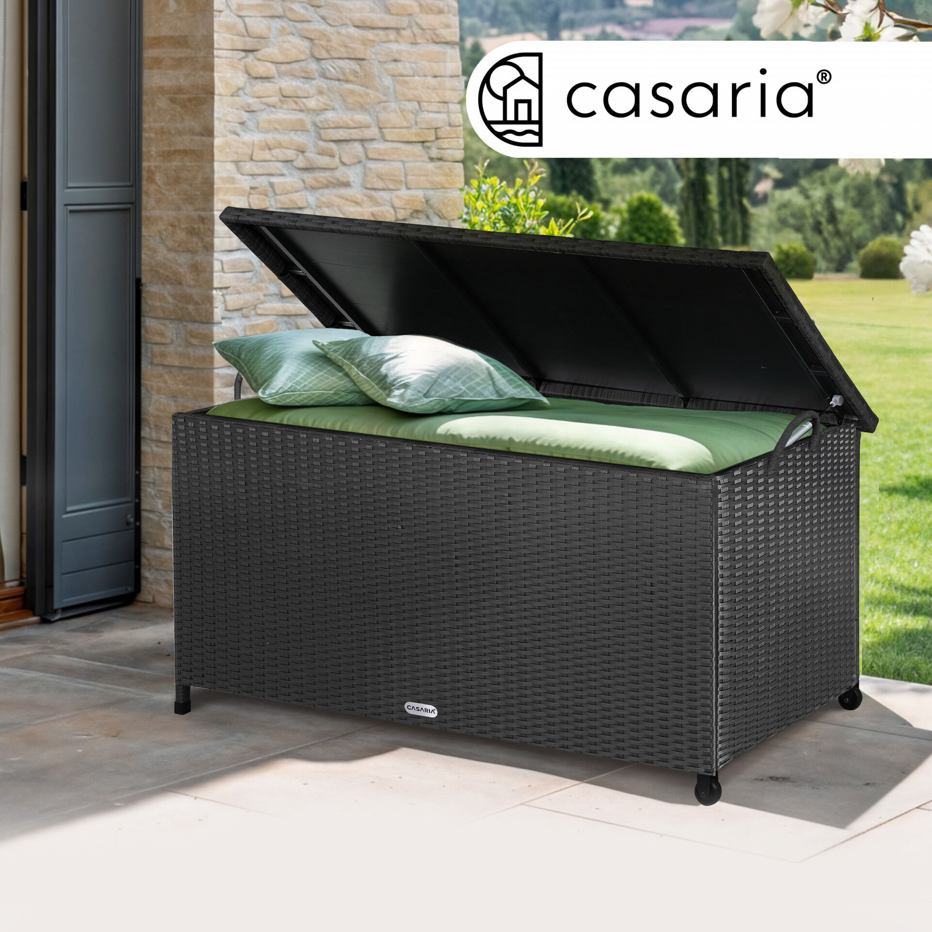 Gartenbox Polyrattan Schwarz 117x53x60cm mit Griffen + Rollen