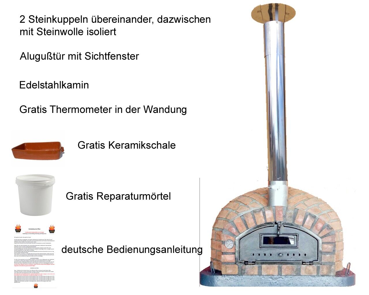 Pizzaofen Rustic Pizza AL 110 inkl. Kaminrohr und Regenhut aus Edelstahl, weiß, ohne Abdeckhaube, ohne Ofenzubehör, ohne Zubehörset, ohne Grillzubehör, ohne fahrbares Gestell