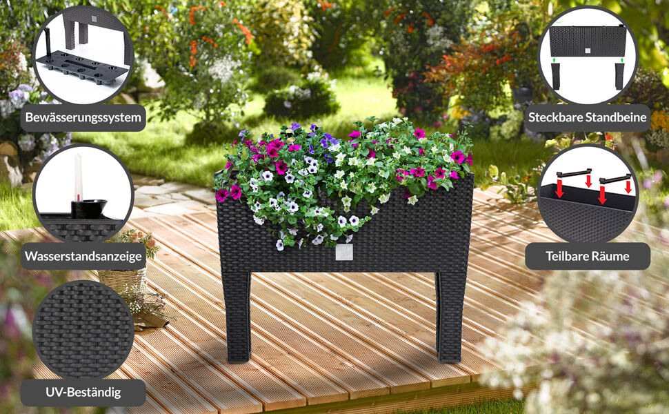 Hochbeet Polyrattanoptik Anthrazit 60x25x46cm Bewässerungssystem